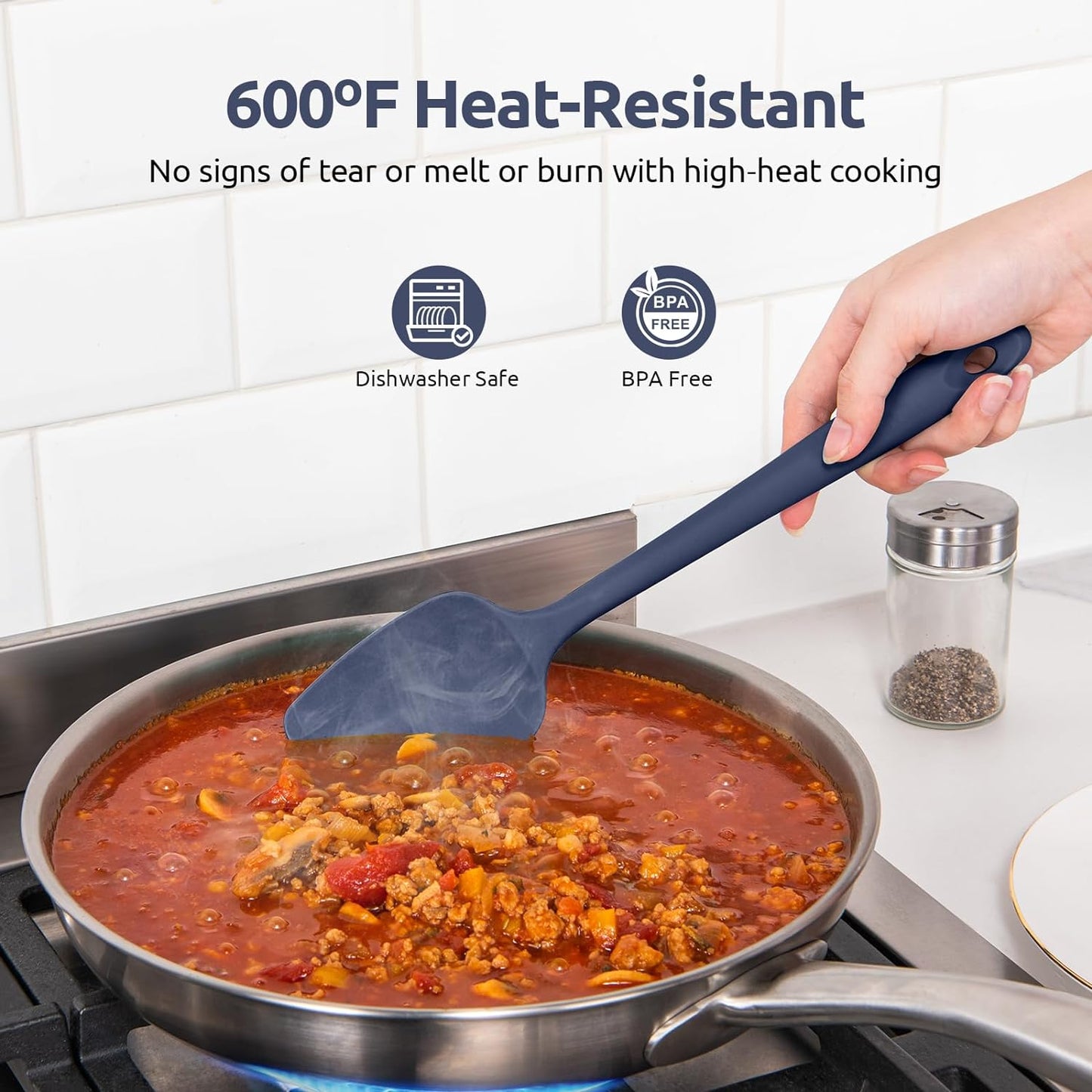 U-Taste Silicone Spatula Set, 600ºF High Heat Resistant, Seamless Food Grade Flexible Rubber Kitchen Cooking Mixing Baking Scraper for Nonstick Cookware Set of 3 (Midnight Blue)