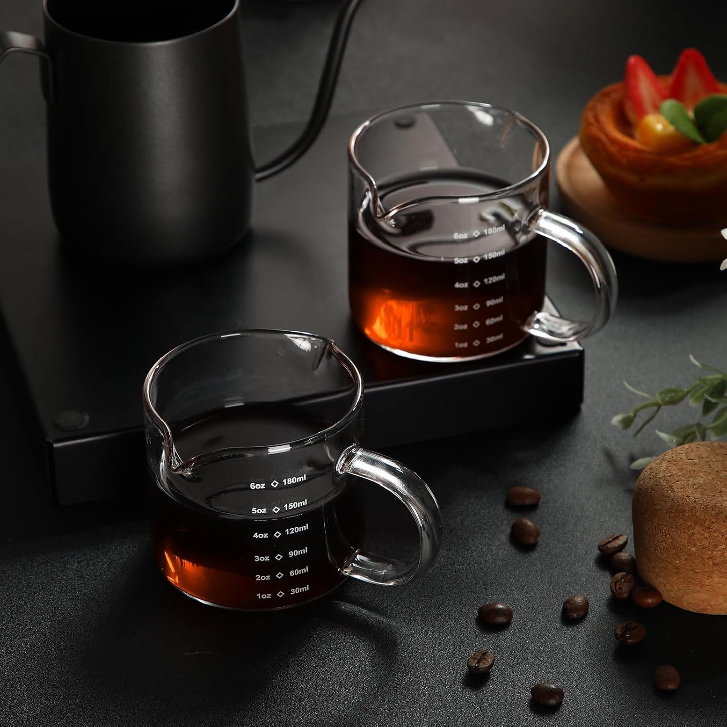 Patelai Espresso Cups Set of 2, 180ml/6oz Coffee Cups with Double Spouts & Handle, Scales Espresso Shot Glass for Espresso Machines, Milk Frothing, and Coffee Bars Accessories