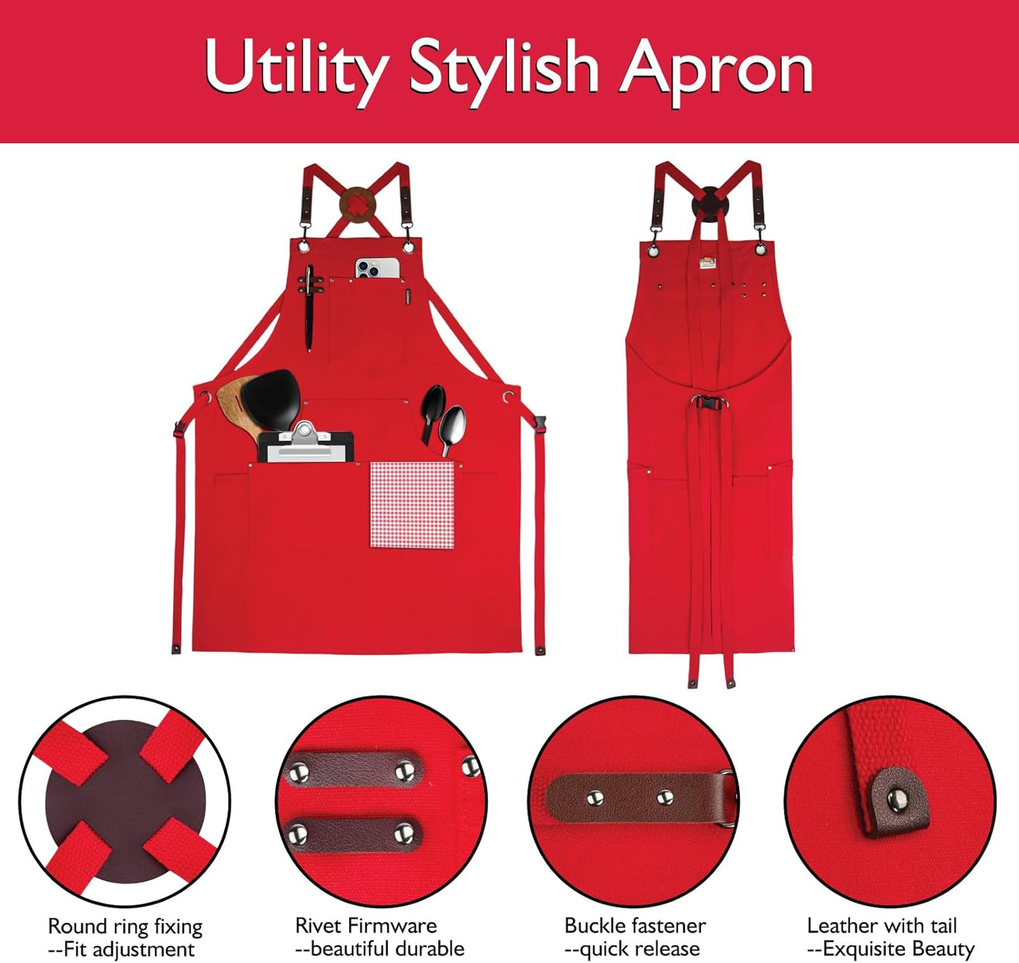 5 Pack Kitchen Apron, Work Apron, Canvas, Multiple Pockets, Gardening, Painting, BBQ, Artist, Carpenter, Sizes M to XXL, Red