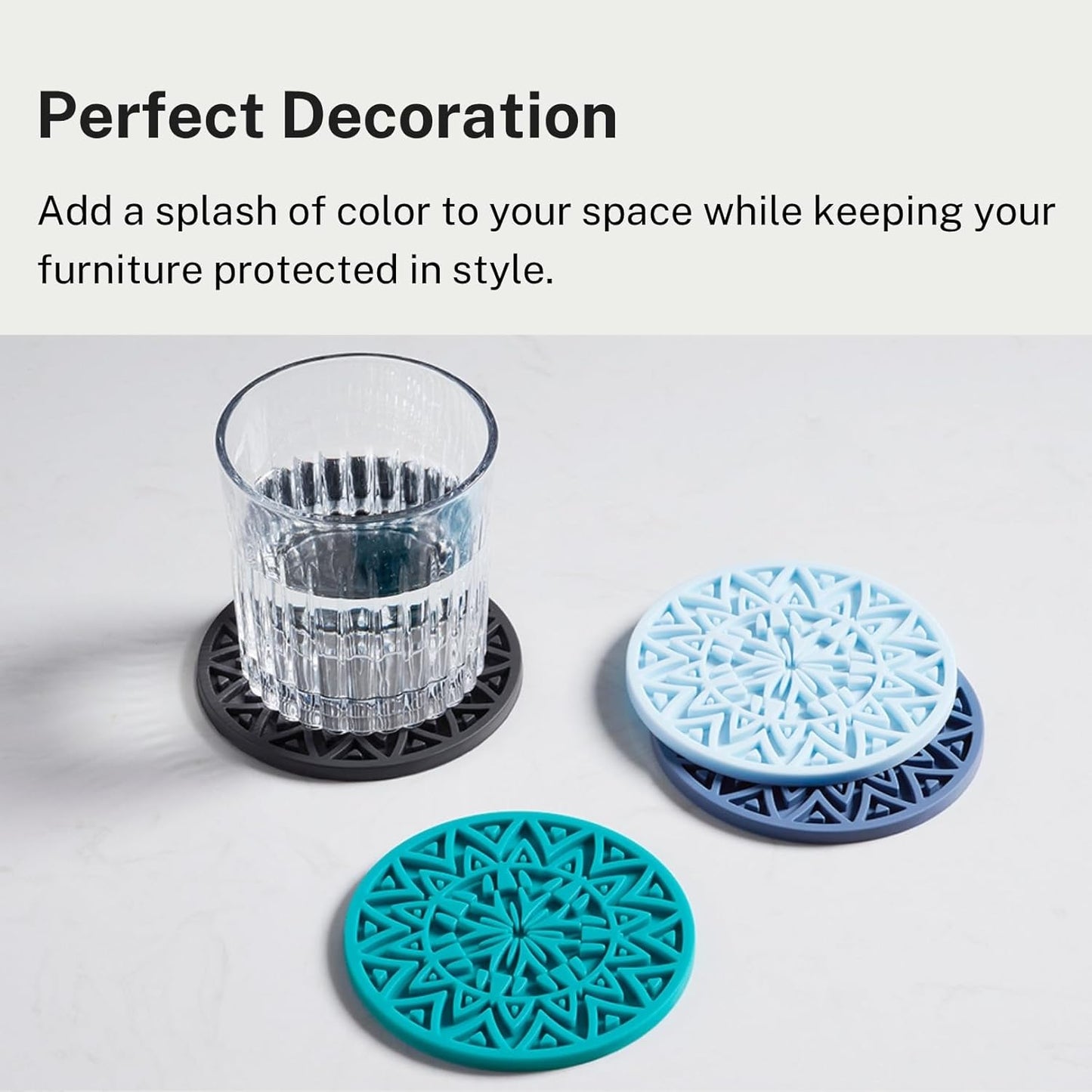 Set of 6 Navy Silicone Coasters with Holder, Drink Coasters with Tribal Pattern Shape- for Table Protection, Anti Slip, Nonstick, Heat Resistant, Deep Tray