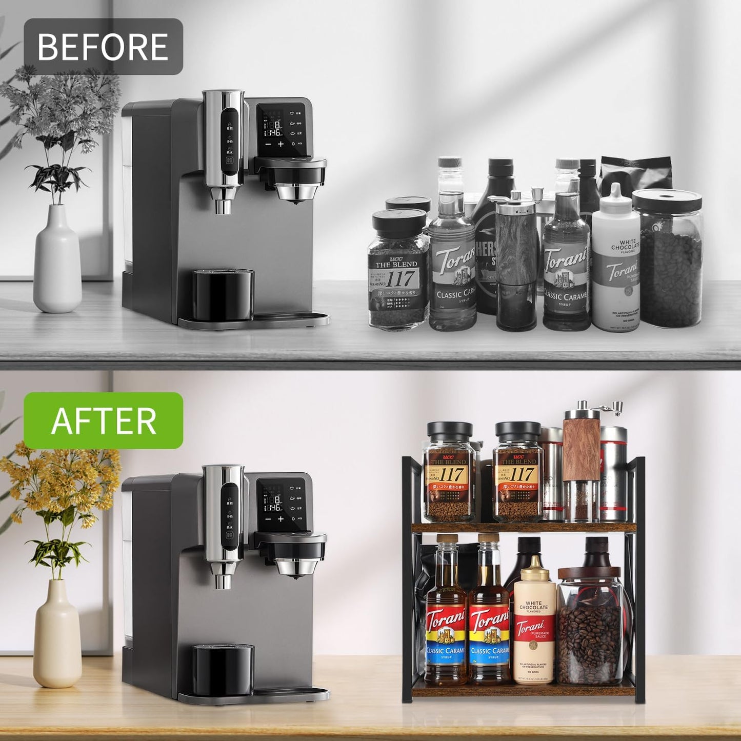 YINMIT Countertop Shelf Organizer,Coffee Bar Accessories,Spice Rack,Coffee Counter Shelf,2 Tier Coffee Organizer Station for Mugs,Cups,Cream,Syrup(Rustic Brown, Medium)