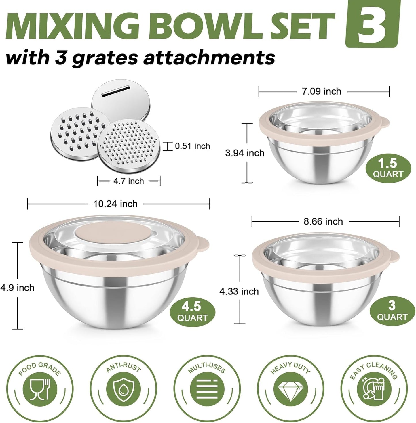 TeamFar Mixing Bowls, 3PCS Stainless Steel Serving Salad Bowls with Lids & 3 Graters, For Kitchen Mixing/Baking/Storing/Prepping, Visible & Airtight, Easy Clean - 4.5/3 / 1.5 QT, Khaki