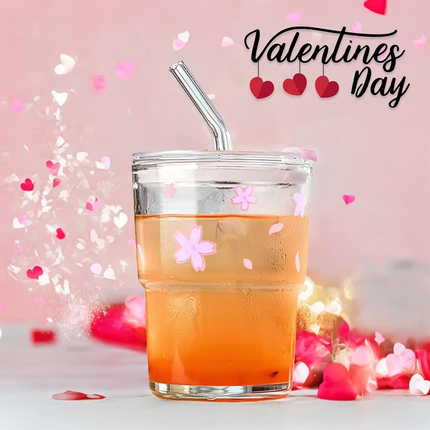 Iced Coffee Cup, 15Oz/450ml With Lids and Straws, Thick Wall Glass Mug for Tea Water, Cute Tumbler Gifts (Pink)