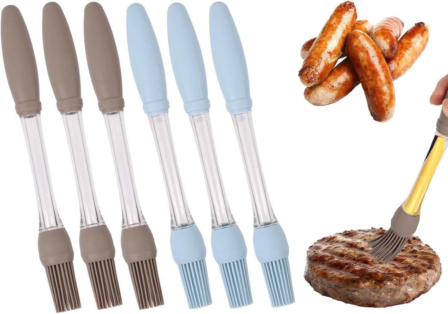 6pcs Basting Brush for Cooking, Silicone Heat Resistant Grilling Basting Brush with Hollow Handle for Cooking BBQ Baking Spreading Oil Sauce Butter Pastry Food Tool Kitchen Gadget(Grey & Blue)