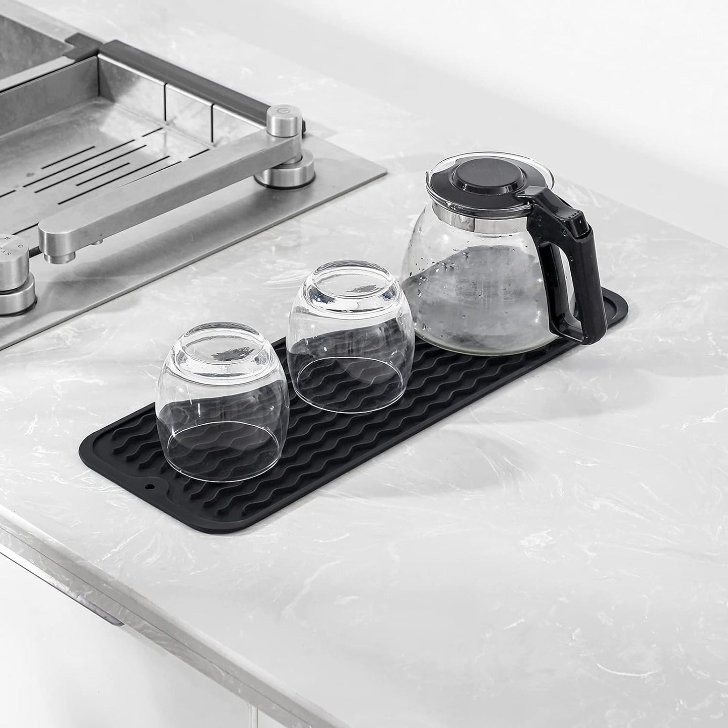 Silicone Dish Drying Mat for Multiple Usage,Easy clean,Eco-friendly,Heat-resistant Silicone Mat for Kitchen Counter,Sink,Bar,Bottle,or Cup Black M 17 inches x 6 inches