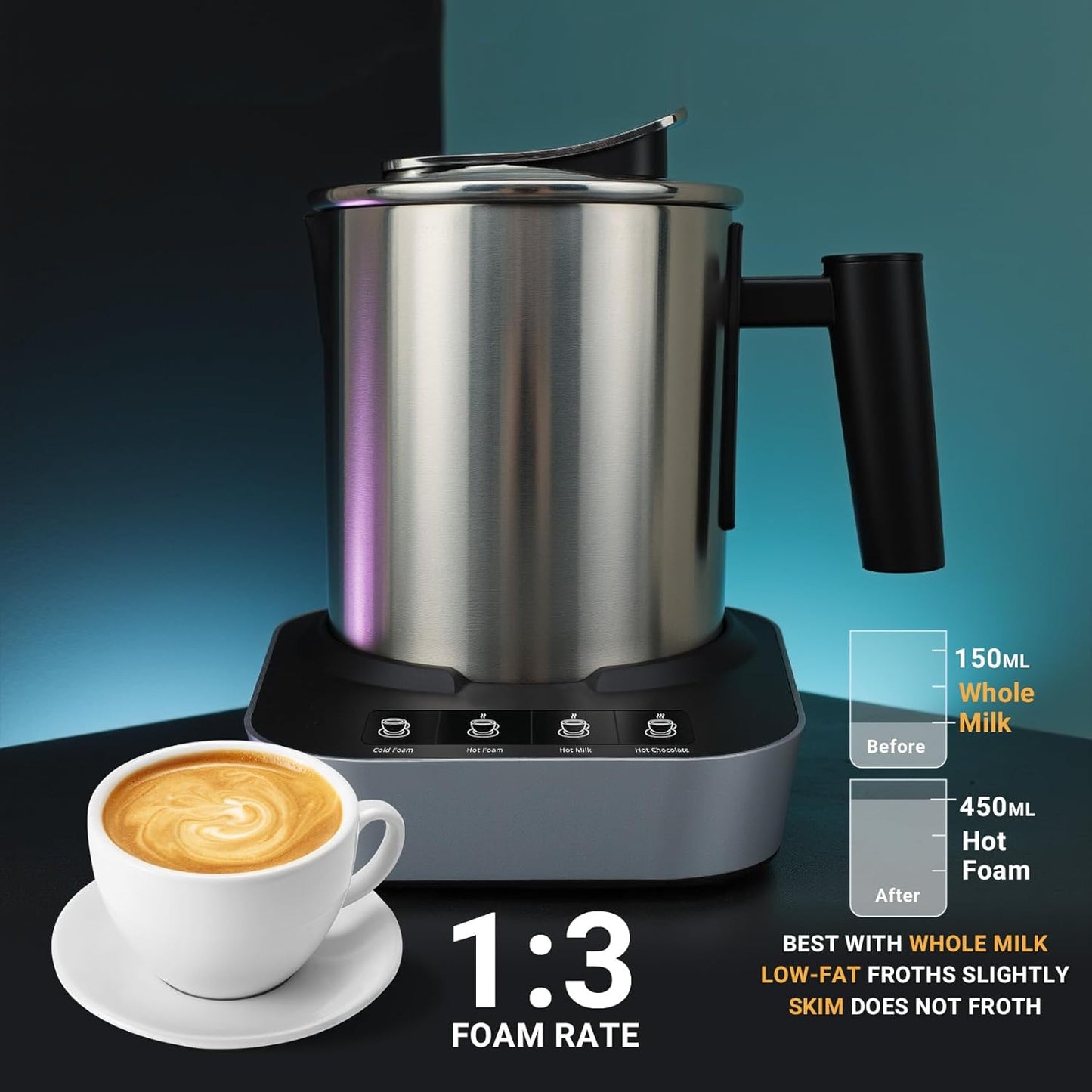Electric Milk Frother and Steamer 4-in-1 with Stainless Steel Pitcher Cup(400ml/13.5oz), Auto Shut-Off, Hot & Cold Foam Maker and Milk Warmer for Coffee Cappuccinos, Dishwasher Safe