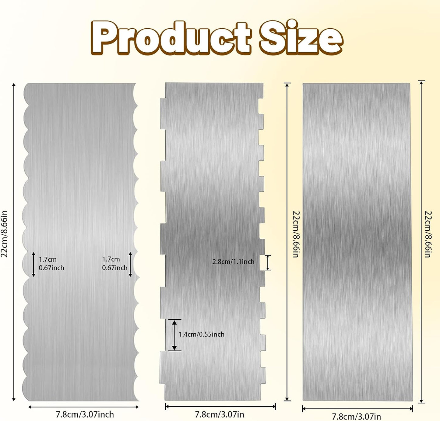 3 Pieces 8.7 Inche Stainless Steel Cake Scraper，Double Sided Patterned Edge Stripe Edge Smoother Scraper Cake Decorating，Cake Decorating Comb Cake Scraper (3, 3)