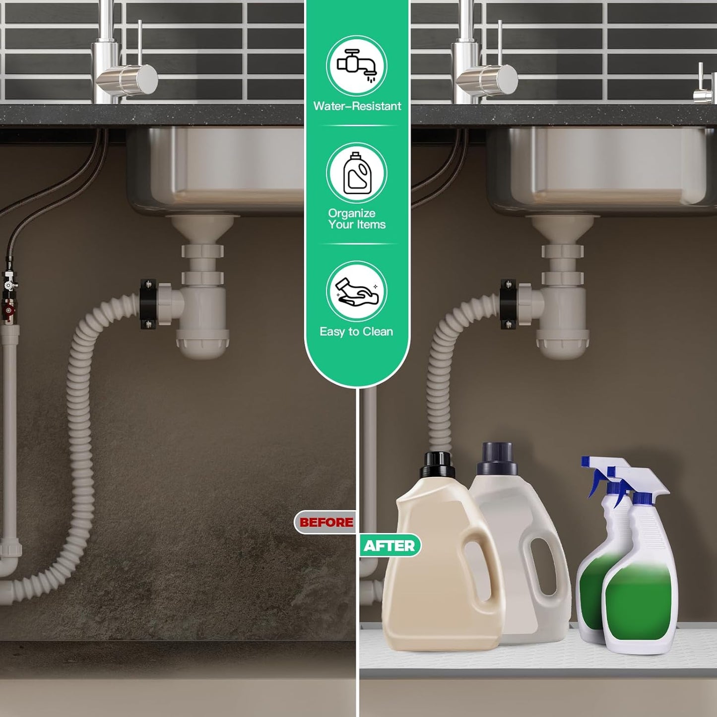 TRZZ Silicone Waterproof Under Sink Mat 34" x 19", Drip Tray and Cabinet Liner for Kitchen and Bathroom, Prevents Water Damage and Organizes Cabinets (Beige)