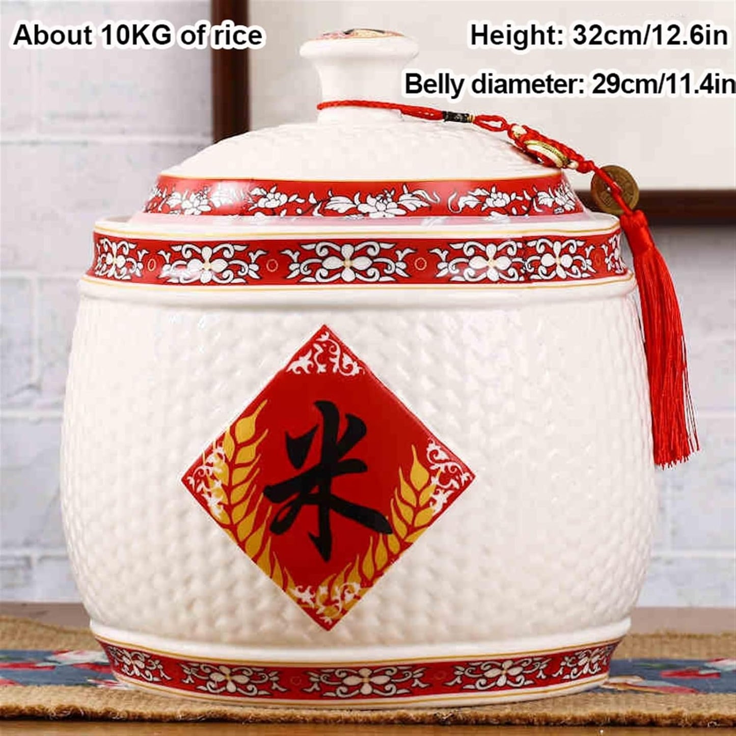 Chinese Sealed Large-Capacity Rice Pot, Ceramic Rice Bucket With Tassel Design, Grain Storage Ceramic Container, Rice Dispenser Airtight Storage Bucket For Grains Snacks Candy Coffee Beans Food(E,Capa