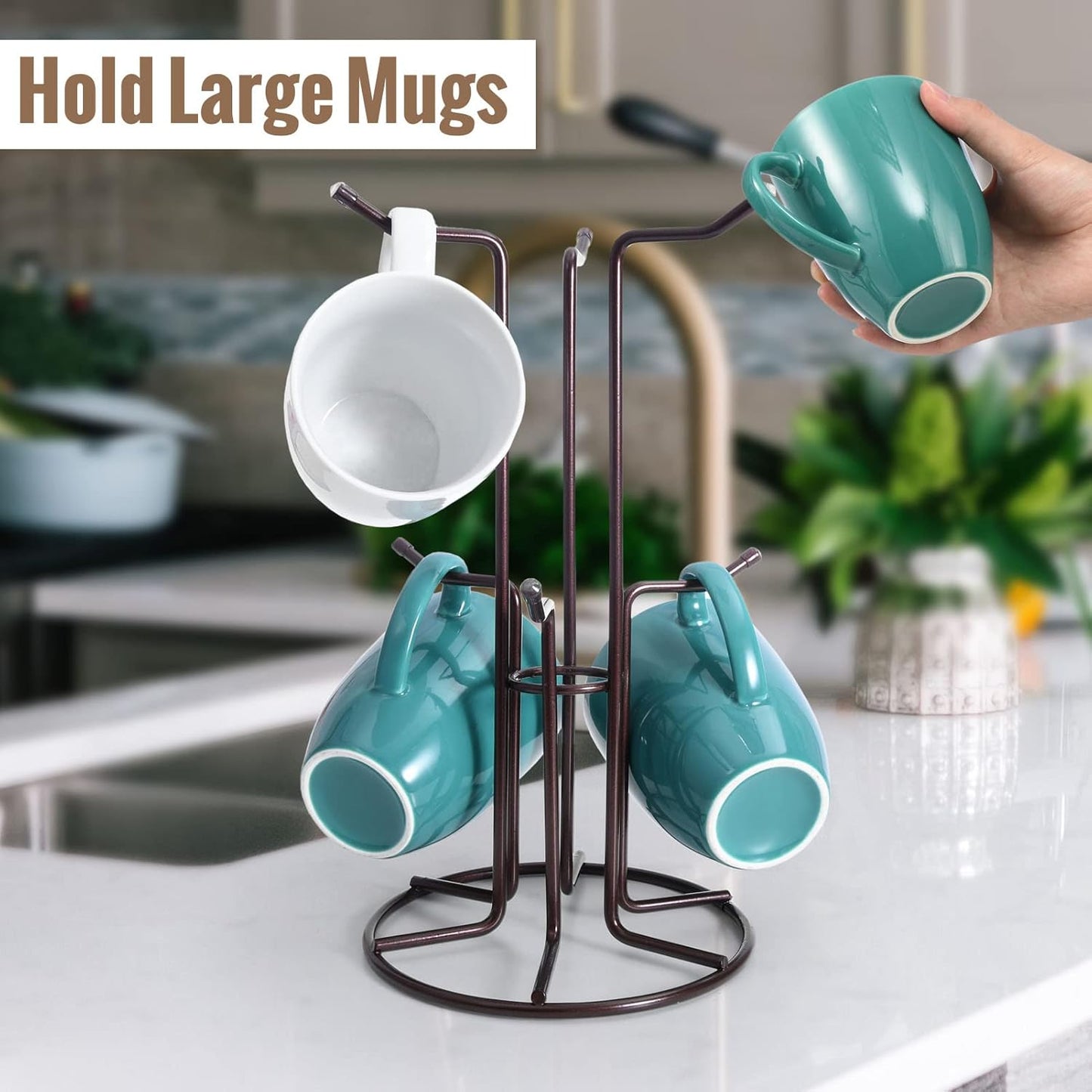 HULISEN Mug Holder for Large Cups, Mug Tree for Counter with 6 Hooks, Metal Coffee Mug Stand for Easy Pick, Place and Display, Coffee Bar Accessories and Decor, Free Standing Mug Rack, Brown