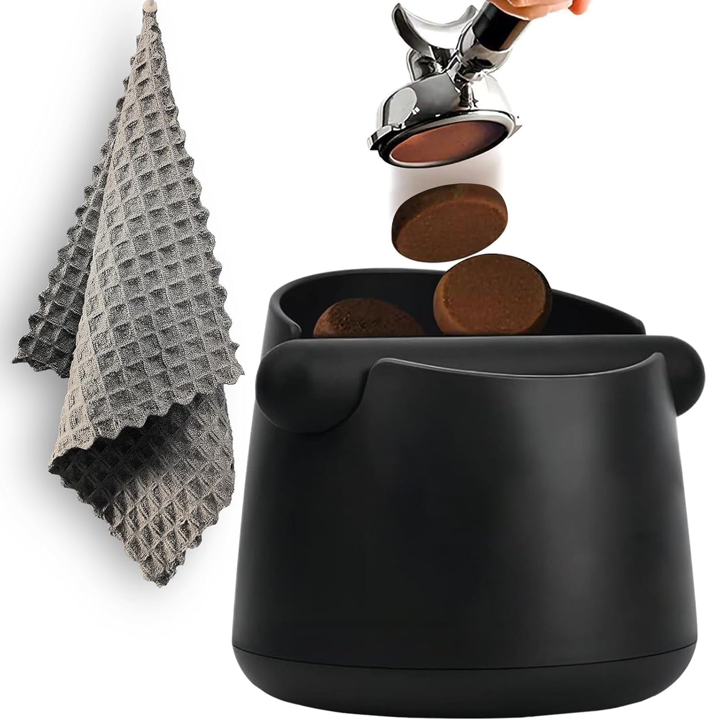 Espresso Knock Box with Barista Towels, Removable Shock-absorbent Knock Bar & Non-Slip Base - Knock Box Espresso, Knock Box for Coffee Grounds, Espresso Machine Accessories, Black, JDHAVMOS