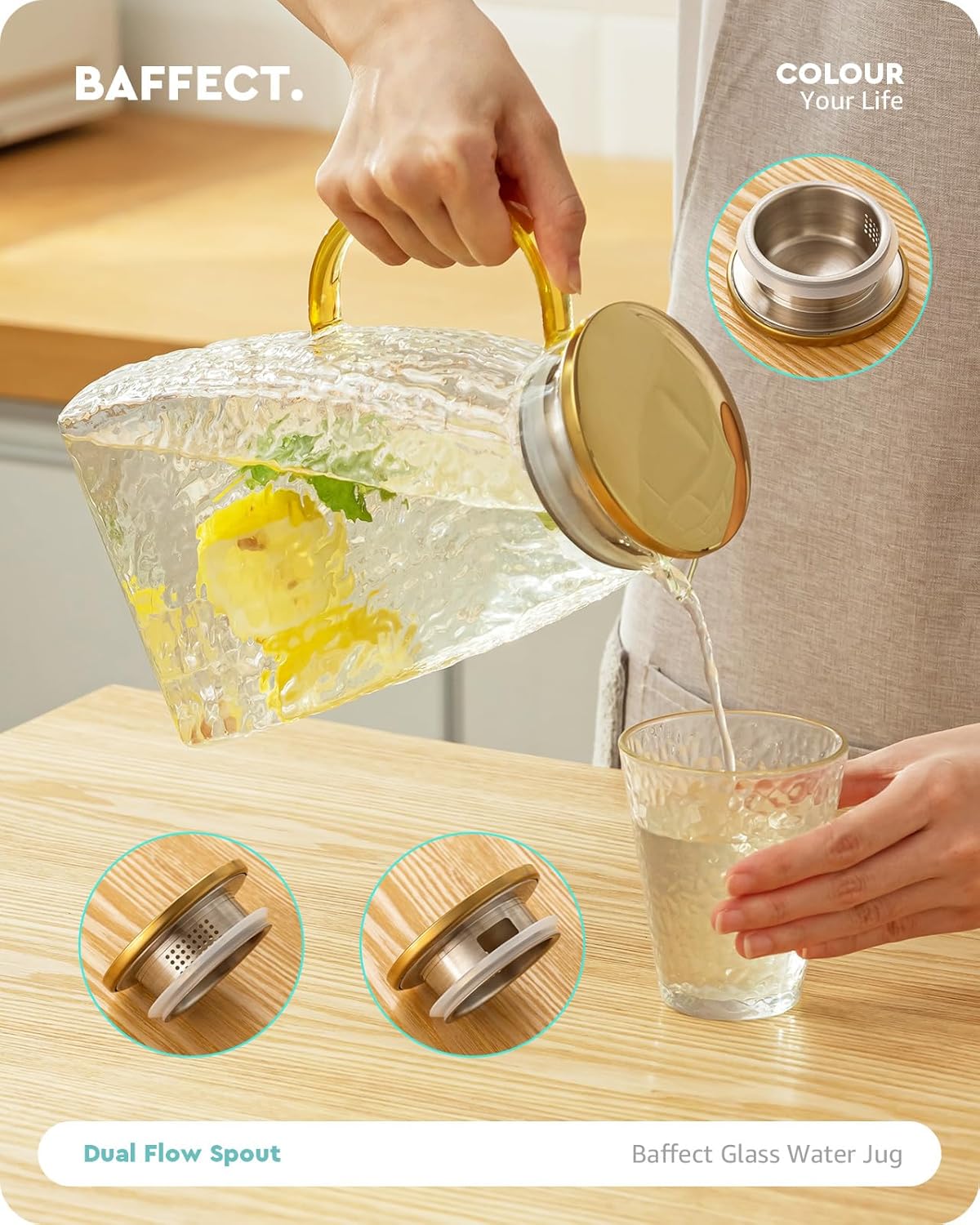 Baffect Water Pitcher, Glass Pitcher With Lid And Handle, 63 Oz / 1.8 L High Borosilicate Glass Jug For Fridge Door, Carafe For Hot/Cold Iced Tea Juice Coffee Milk Beverage （Glacier-Textured）