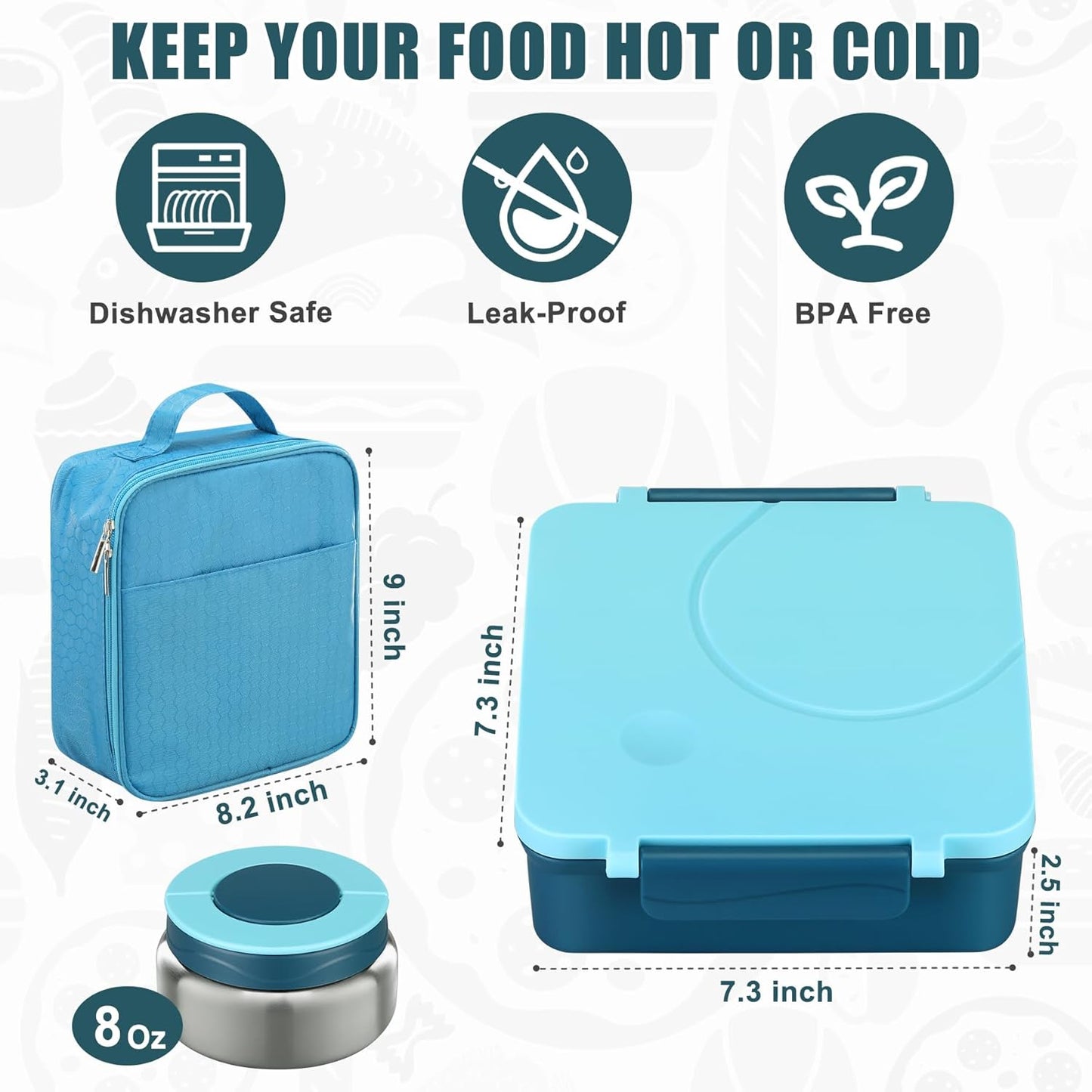 Bento Lunch Box for Kids with 8oz Soup Thermo&Lunch Bag, Leak-Proof Lunch Food Containers with 4 Compartment, Hot Food Insulated Food Jar for Kids School (Blue)