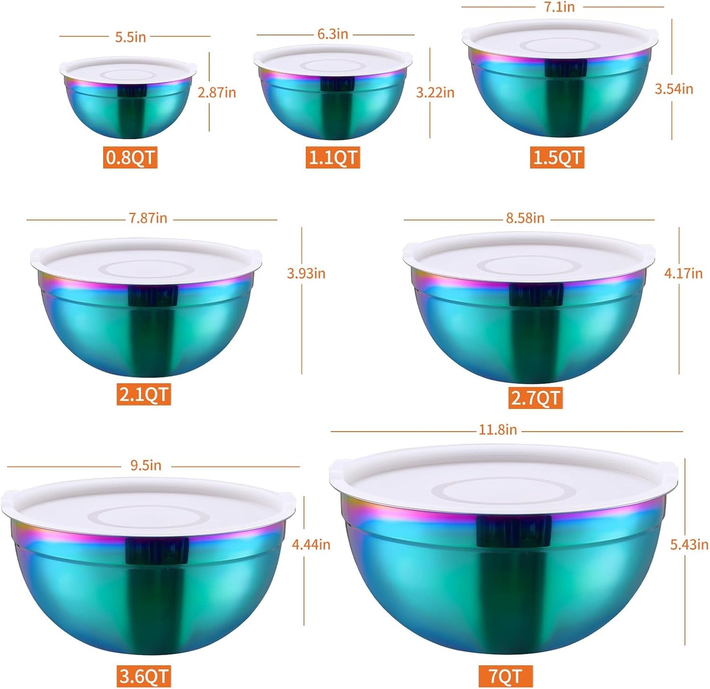 Rainbow Mixing Bowls with Lids Set of 7, Stainless Steel Nesting Bowl with Khaki Lid for Non-slip Mixing Prepping Storing Serving, 7 Sizes-7/3.6/2.7/2.1/1.5/1/0.8 QT