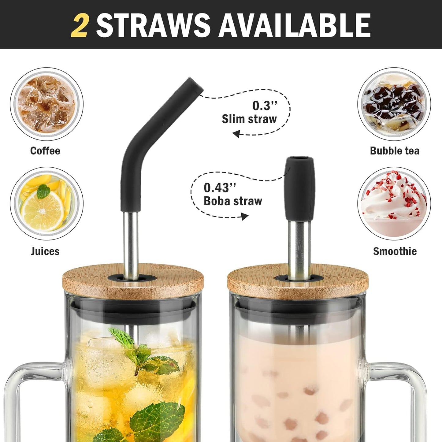 Kodrine Tumbler with Lid and Straw, 20 oz Glass Coffee Tumbler with Handle, Smoothie Cup with Bamboo Lid | Time Marker | Silicone Protective Sleeve, BPA Free - Black
