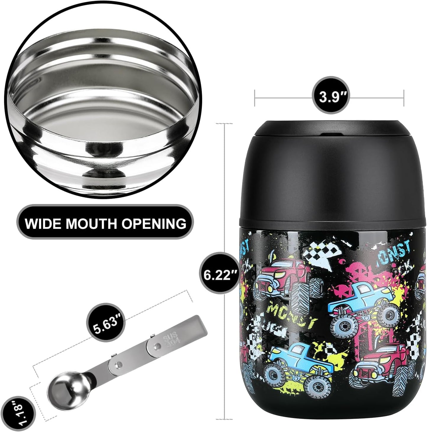 17 oz Insulated Lunch Containers Hot Food Jar, Wide Mouth Lunch Thermo for Kids Adults, Vacuum Stainless Steel Lunch Box With Handle Folding Spoon for School, Office Black - Car