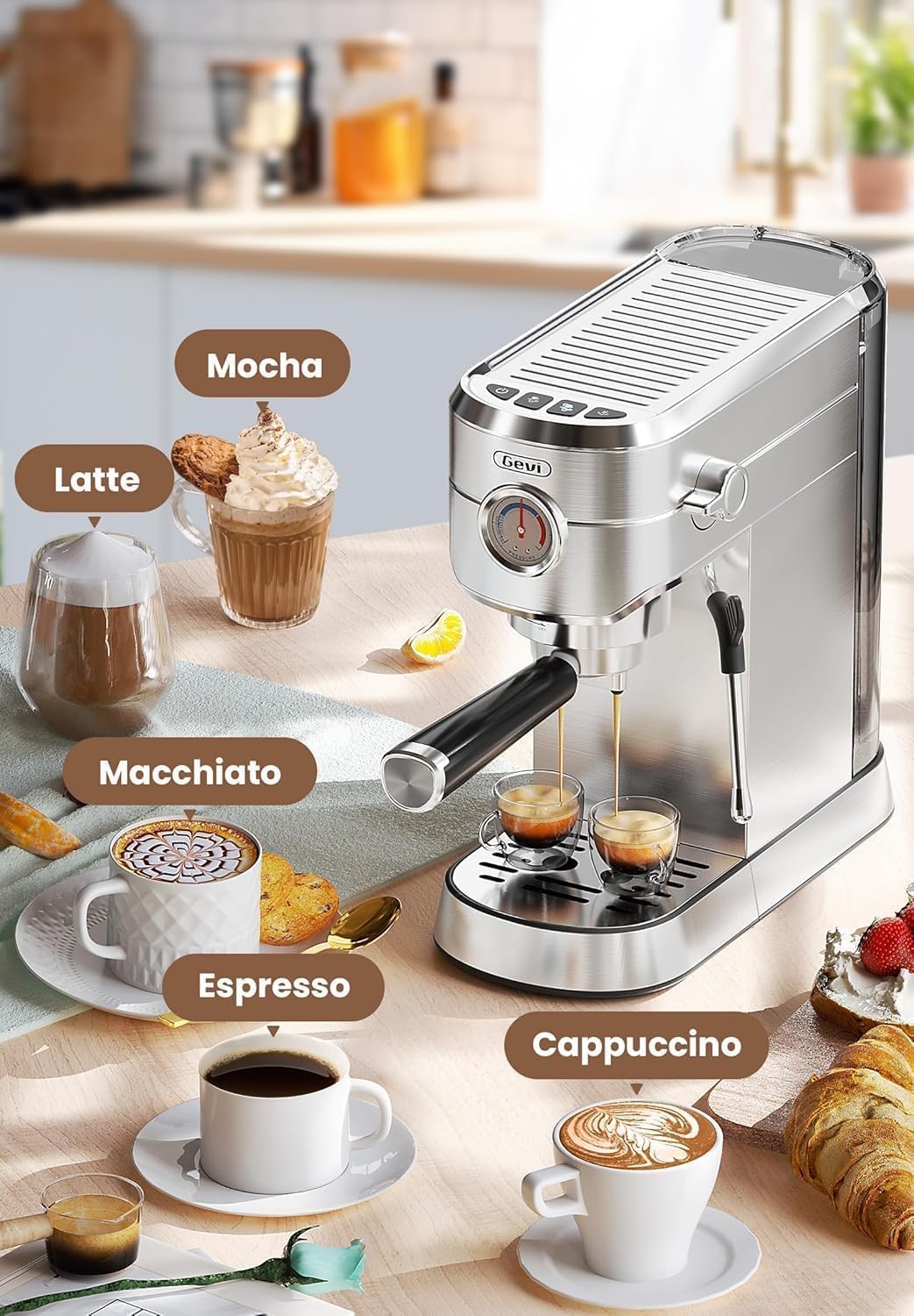 Gevi Commercial Espresso and Coffee Makers, Professional 20 Bar Espresso Maker with Milk Frother, Stainless Steel Expresso Coffee Machines for Home, Compact Cappuccino Machine, Great Gift
