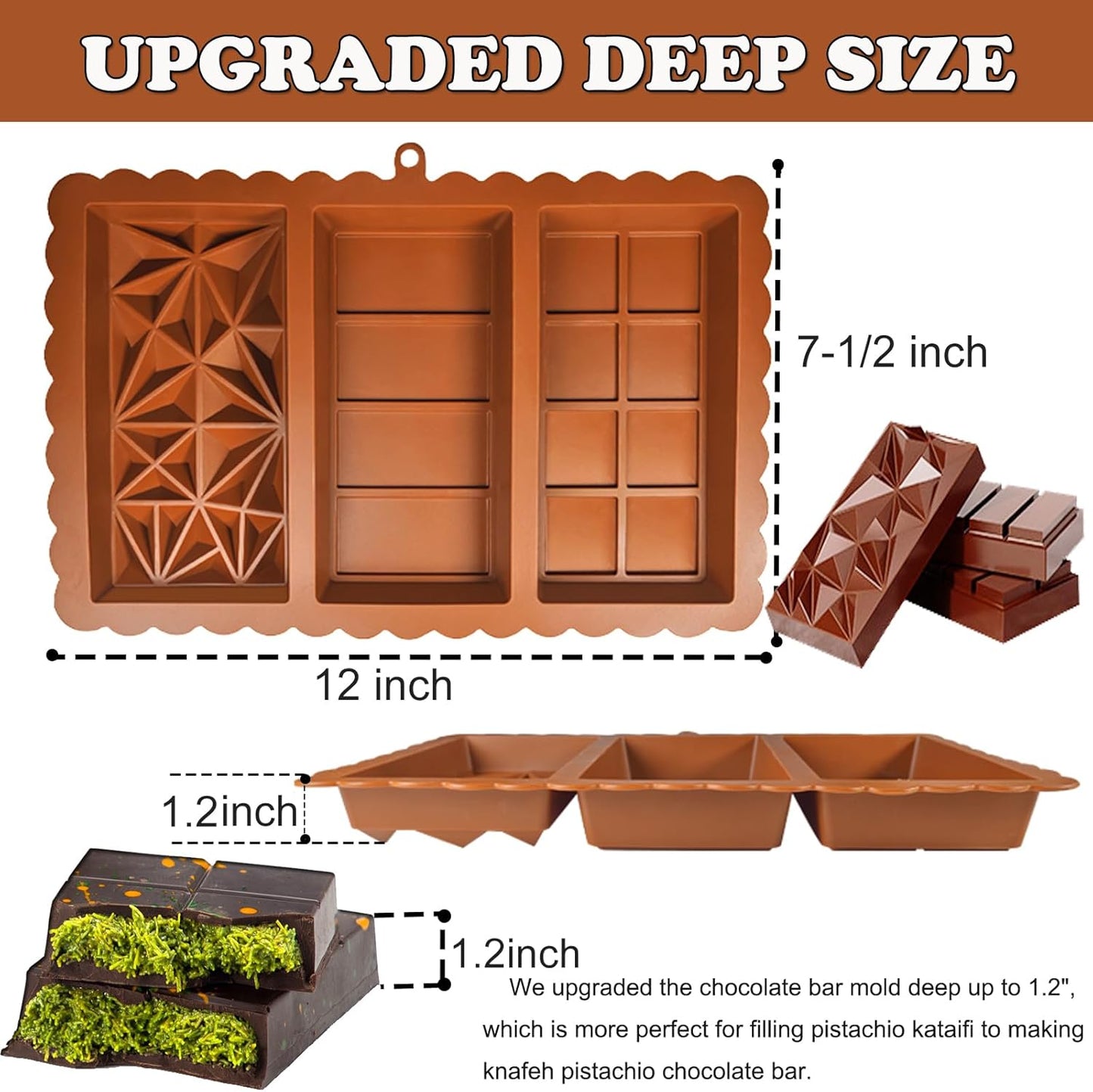 Deep Chocolate Bar Mold 1.2 inch Kataifi Pistachio Dubai Chocolate Bar Kit Thick Silicone Molds for Stuffed Bar Large Big Candy Bar Mould for Filling