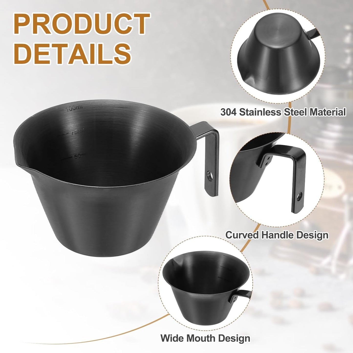 uxcell 2 Pcs Stainless Steel Espresso Cup with Handle, V-Shaped Mouth Espresso Measuring Cup with Scale for Preparing Coffee, Cocktails, 3.4OZ/100ML (Black)