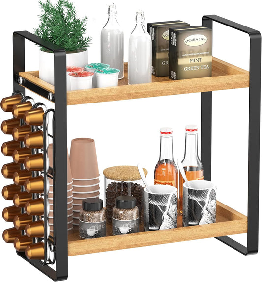 LEMIKKLE Coffee Station Organizer,Compatible with Nespresso Classic Pods 24pcs, Coffee Bar Accessories and Cup Storage Organizer, Wood Counter Shelves for Kitchen, Office, Countertop
