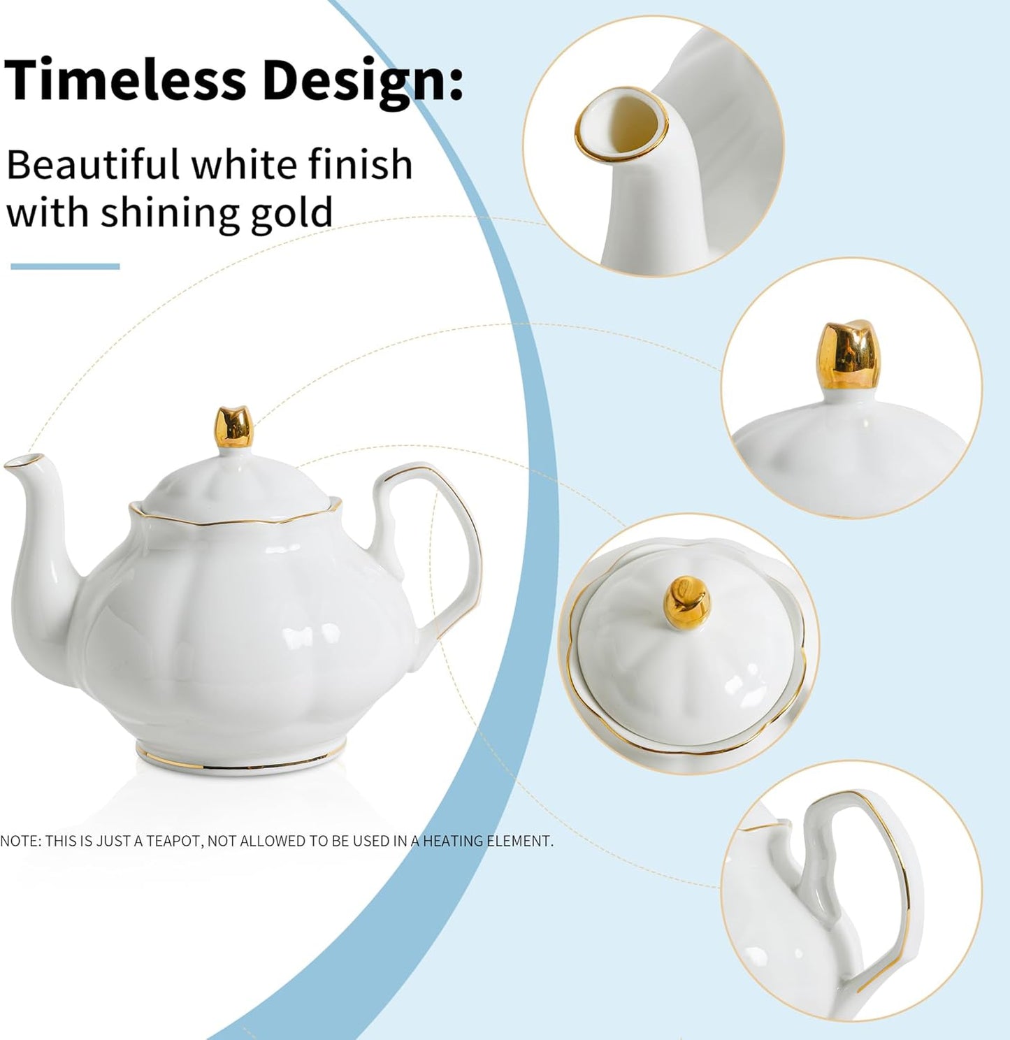 27oz White Porcelain Teapot with Gold Trim, Classic Ceramic Teapot for Loose Leaf Tea & Tea Bags, Elegant Small Teapots for Daily Use or Gifts