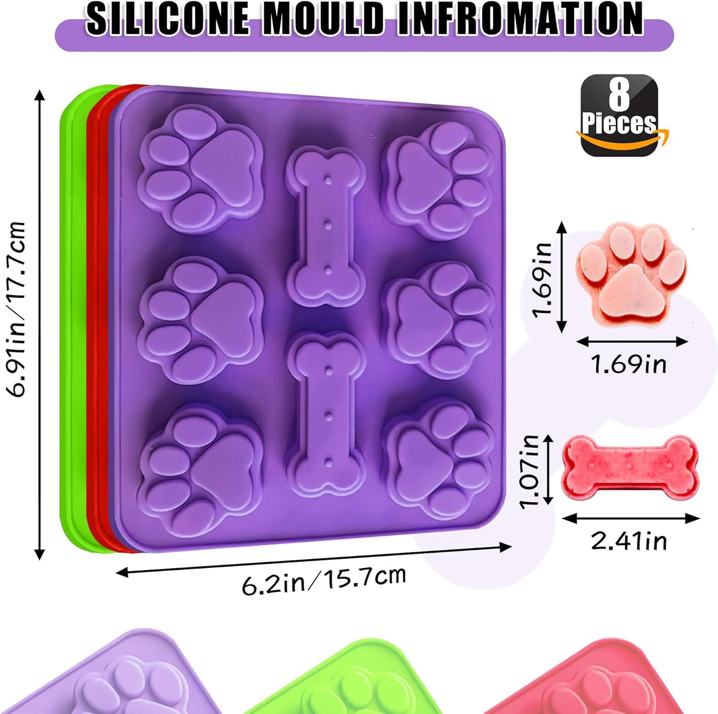 RUGVOMEM Set of 8 Silicone Dog Treat Molds, 3 Pieces 2 in 1 Dog Paw and Bone Shaped Molds & 5 Pieces Bone Cookie Cutter