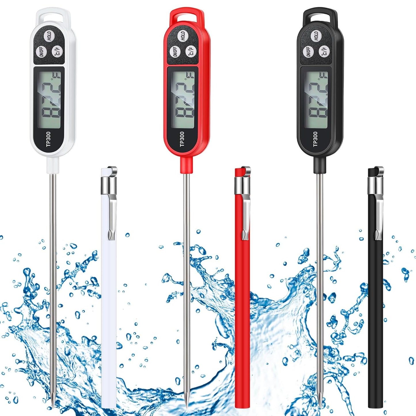 Waterproof Food Thermometer with Long Probe Digital Meat Thermometer for Water, Liquid, Candle and Cooking Instant Read for Kitchen BBQ Grill Candy(Black,White,Red)