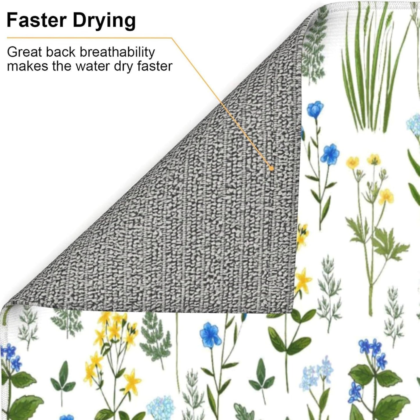 Blue Yellow Wildflower Dish Drying Mats for Kitchen Counter, Vintage Botanic Fern Leaves Floral Kitchen Drainer Pad, Absorbent Microfiber Reusable Washable Dish Draining Mats, Home Decor, 16 x 18 inch