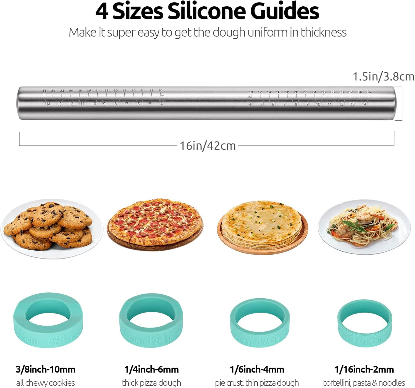 U-Taste 18/8 Stainless Steel 16 inch Adjustable Rolling Pin with Silicone Removable Thickness Rings, Nonstick Kitchen Roller Pin for Baking Cookies Pastry Pizza Pasta Dough Fondant (Teal/Aqua Sky)