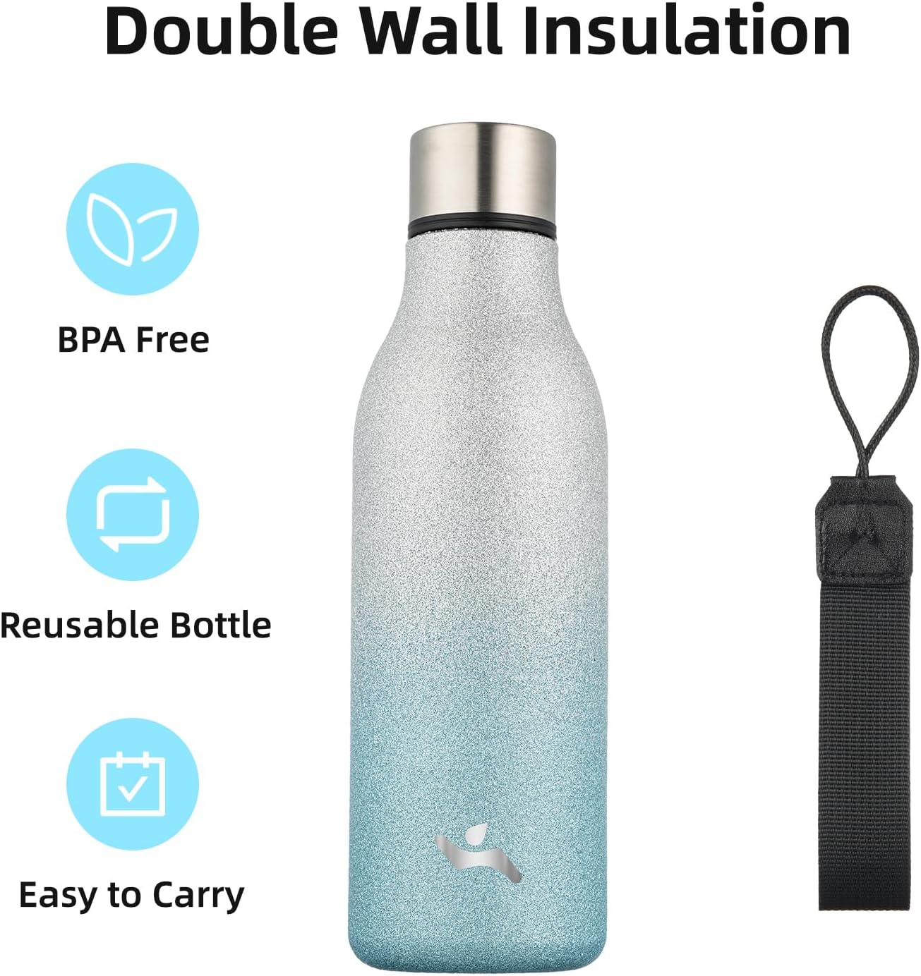 Insulated Water Bottle with Strap,18 oz Double Wall Stainless Steel Vacuum Bottles Metal Water Flask,Sparkling Silver Blue