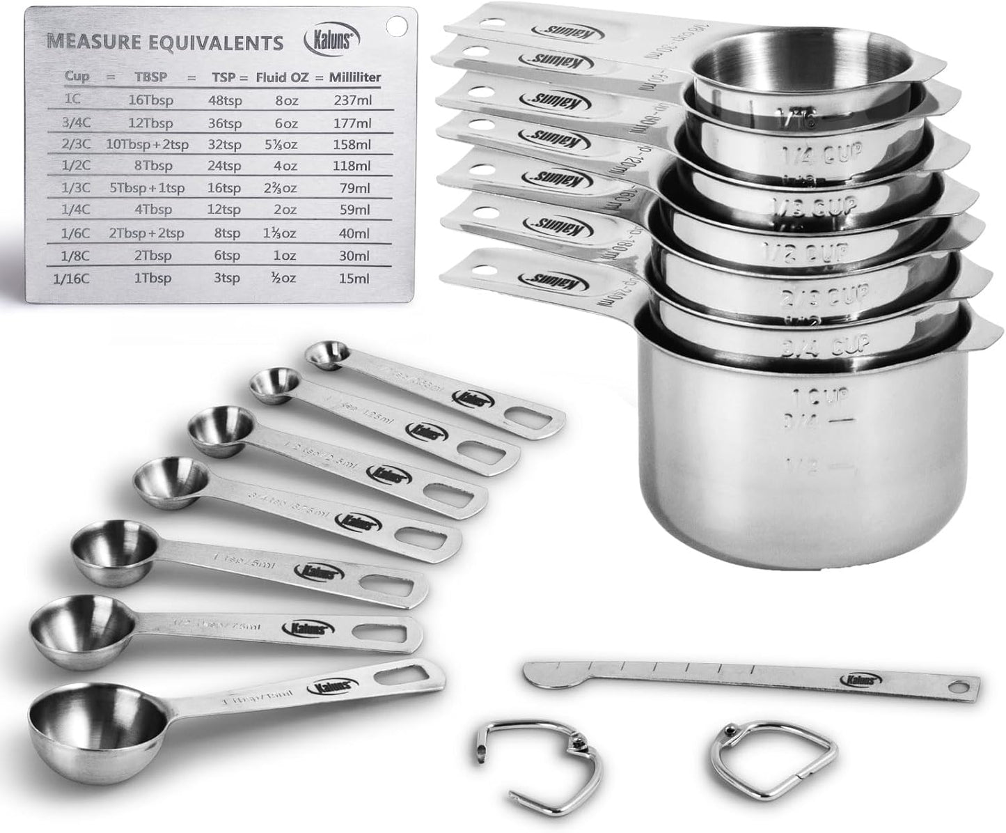 Kaluns Stainless Steel Measuring Cups, Measuring Spoons,16 Piece Measuring Cups and Spoons Set Includes Leveler and Measurements Card, Heavy-duty, Heat and Rust Resistant