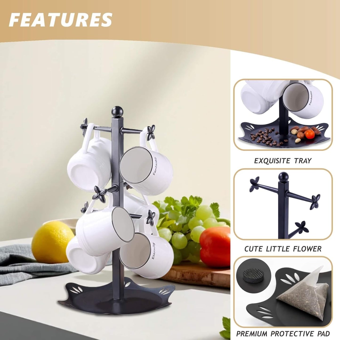 Coffee Mug Holder for Countertop, Cup Holder with 6 Hooks, Mug Stand for Counter, Coffee Bar Accessory, Mug Tree Station Organizer, Black