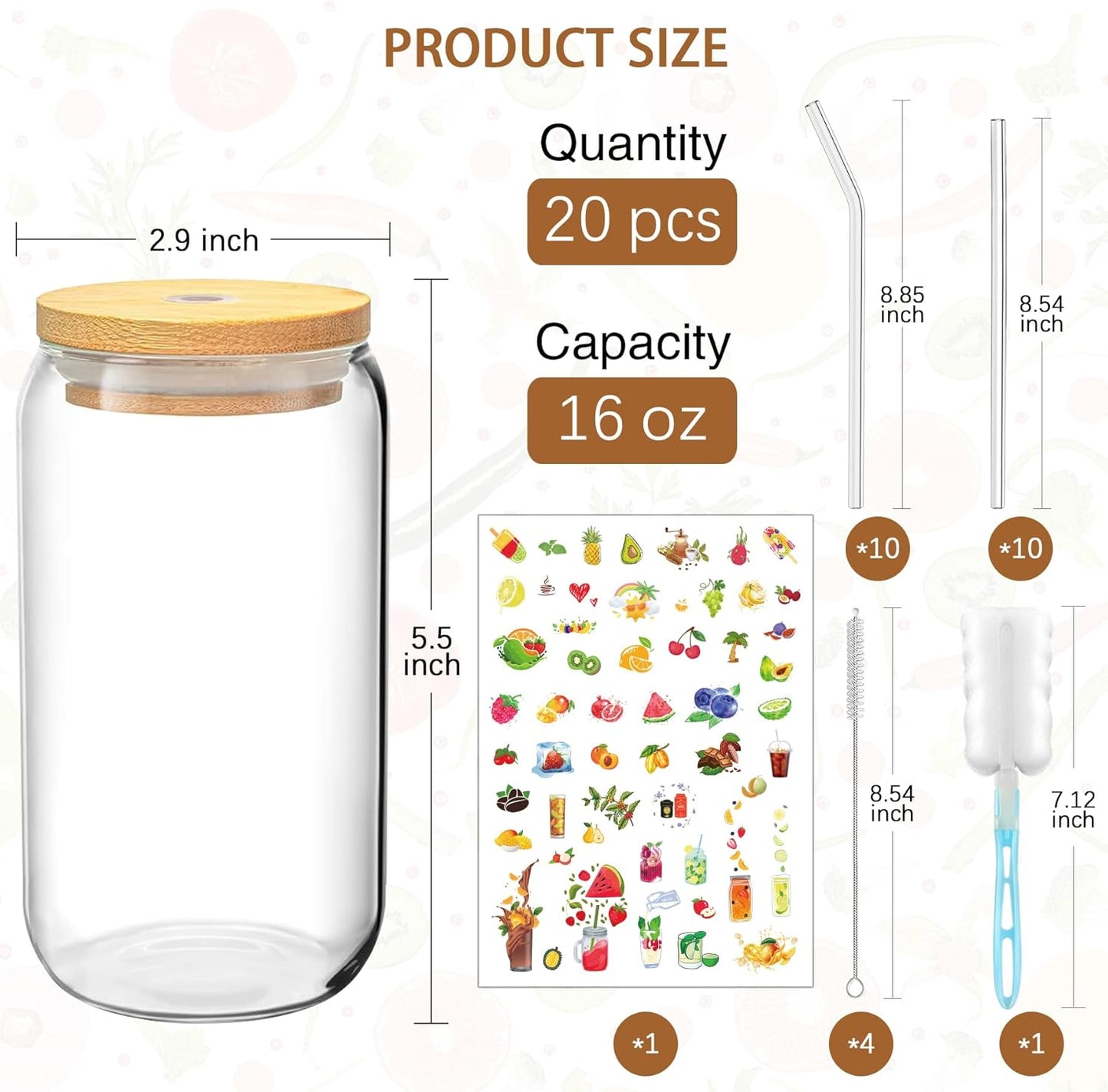 16 OZ Glass Cups with Lids and Straws, 20 Set Can Beer Glass Cups with Bamboo Lids Cute and Reusable Drinking Glasses with Lid Ice Coffee Glasses Great for Beer, Cocktail, Tea and Latte