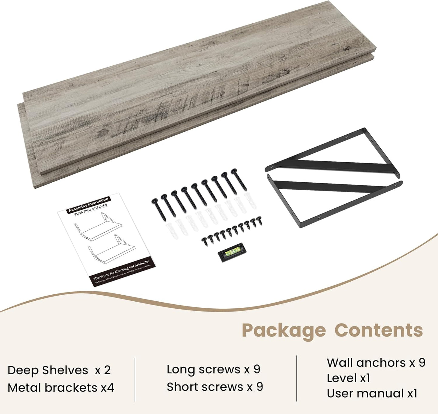 Dreamland Floating Shelves for Wall, 12 Inch Deep Floating Shelves Set of 2, 55W x 12D Large Wall Shelf with Sturdy Metal Brackets for Living Room, Bathroom, Bedroom and Kitchen, Grey