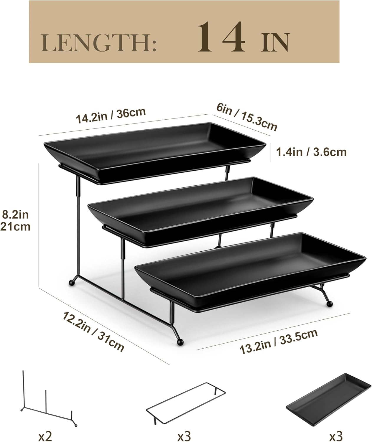 MALACASA 3 Tier Serving Trays for Party, Stoneware Serving Platters and Trays, 14 Inch Tiered Tray Stand, Fruit Tray, Trays for Serving Food, Black Dessert Stand with Collapsible Sturdier Metal Rack