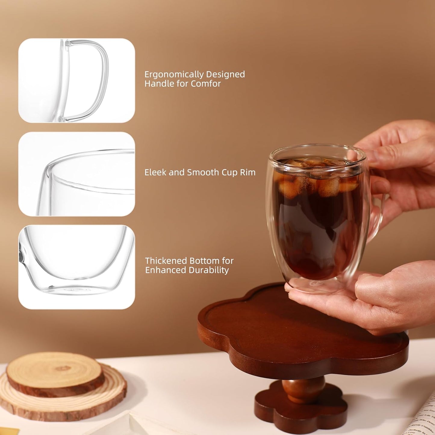 CNGLASS 12oz Double Walled Glass Coffee Mugs,Insulated Glass Mugs with Handle,Clear Espresso Cups for Latte,Cappuccino,Tea Bag,Set of 2