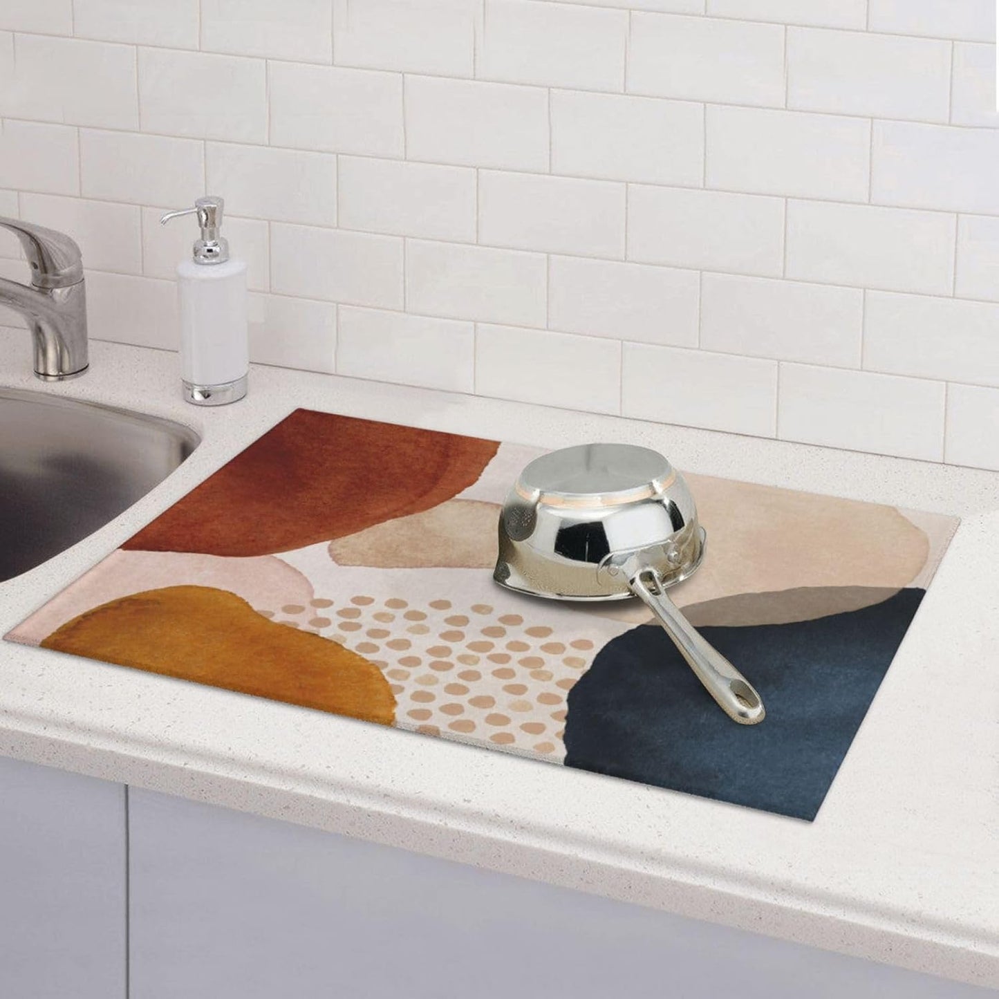 Boho Abstract Art Dish Drying Mats 18x24 Inch,Modern Geometric Girly Pink Dish Pad Drying Rack Mat for Kitchen Counter Ultra Absorbent Microfiber Dishware Coffee Maker Bar Countertop Decor