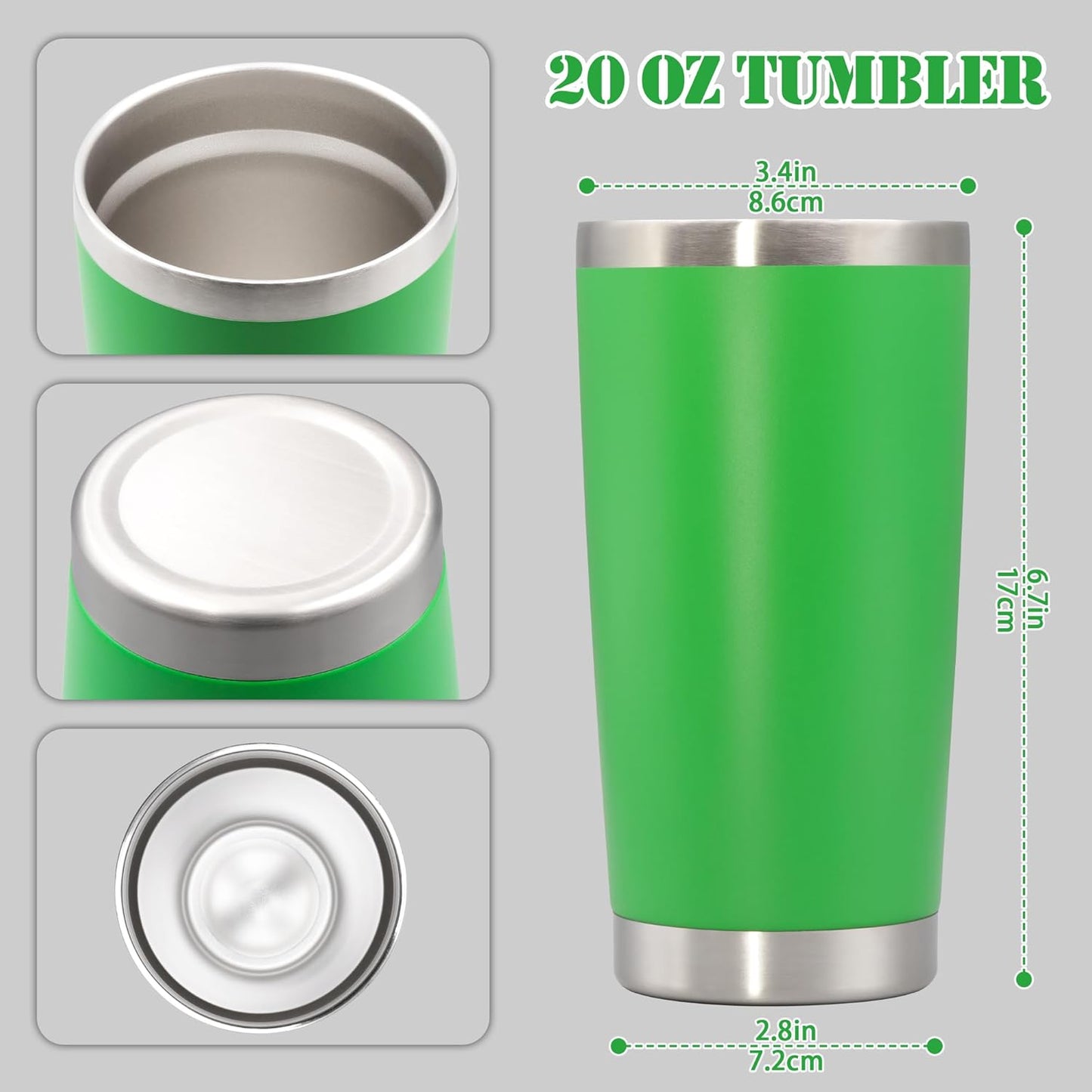20 oz Tumbler with lid Double Wall Vacuum Insulated Tumblers Stainless Steel Coffee Mug Travel Coffee Tumbler Powder Coated Tumbler Cup Keep Hot&Cold - (Green 12 Pack)