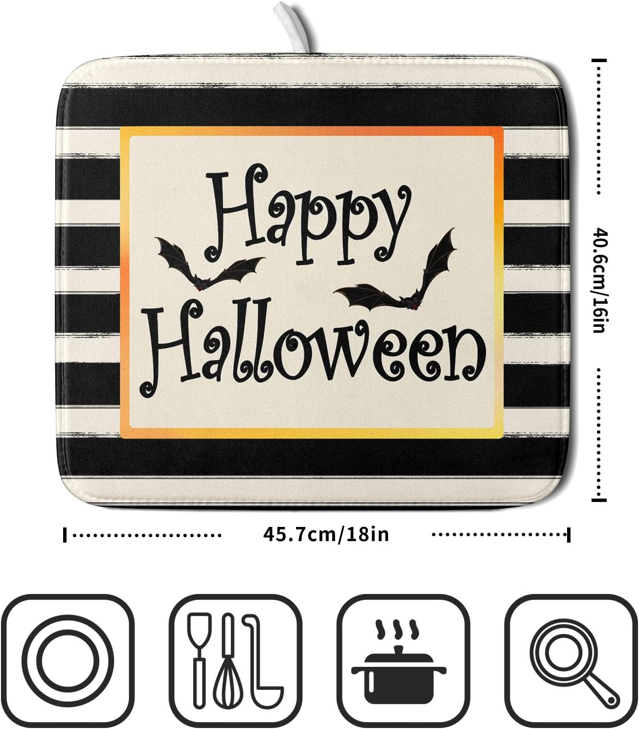 Happy Halloween Bats Dish Drying Mat for Kitchen Counter,Black and White Stripe Drying Mat 16 x 18 Inch with High Absorbent Microfiber Dish Drying Pad Dish Rack Pad Drainer Mat for Coffee Bar