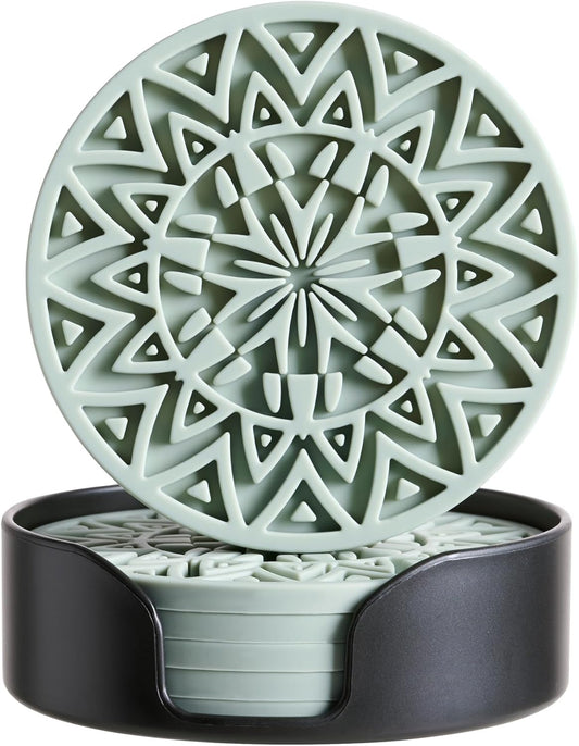 Set of 6 Sage Green Silicone Coasters with Holder, Drink Coasters with Tribal Pattern Shape- for Table Protection, Anti Slip, Nonstick, Heat Resistant, Deep Tray