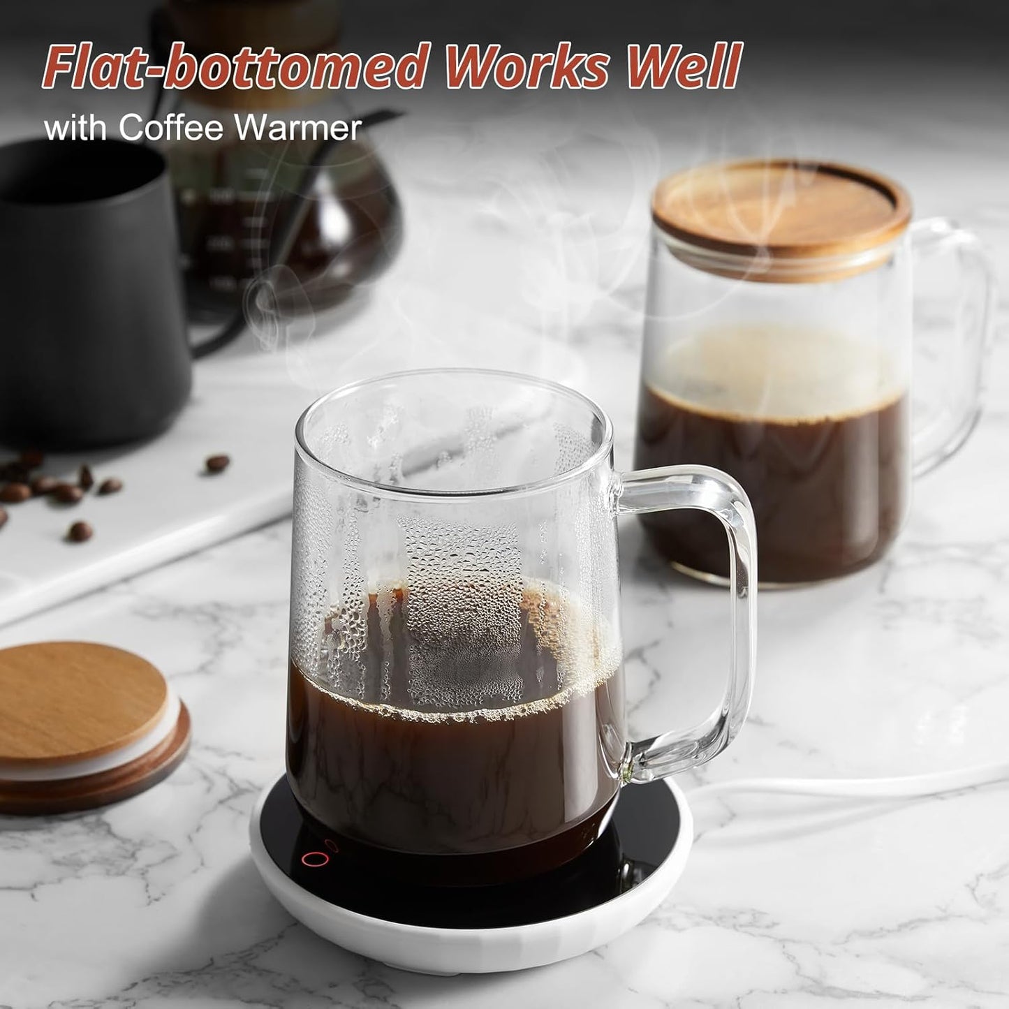 Glass Coffee Mugs, 16 oz Glass Coffee Cups with Acacia Wood Lids, Clear Borosilicate Glass Mugs with Handles for Cappuccino, Tea, Latte, Hot/Cold Beverages, Wine, Americano, Set of 2