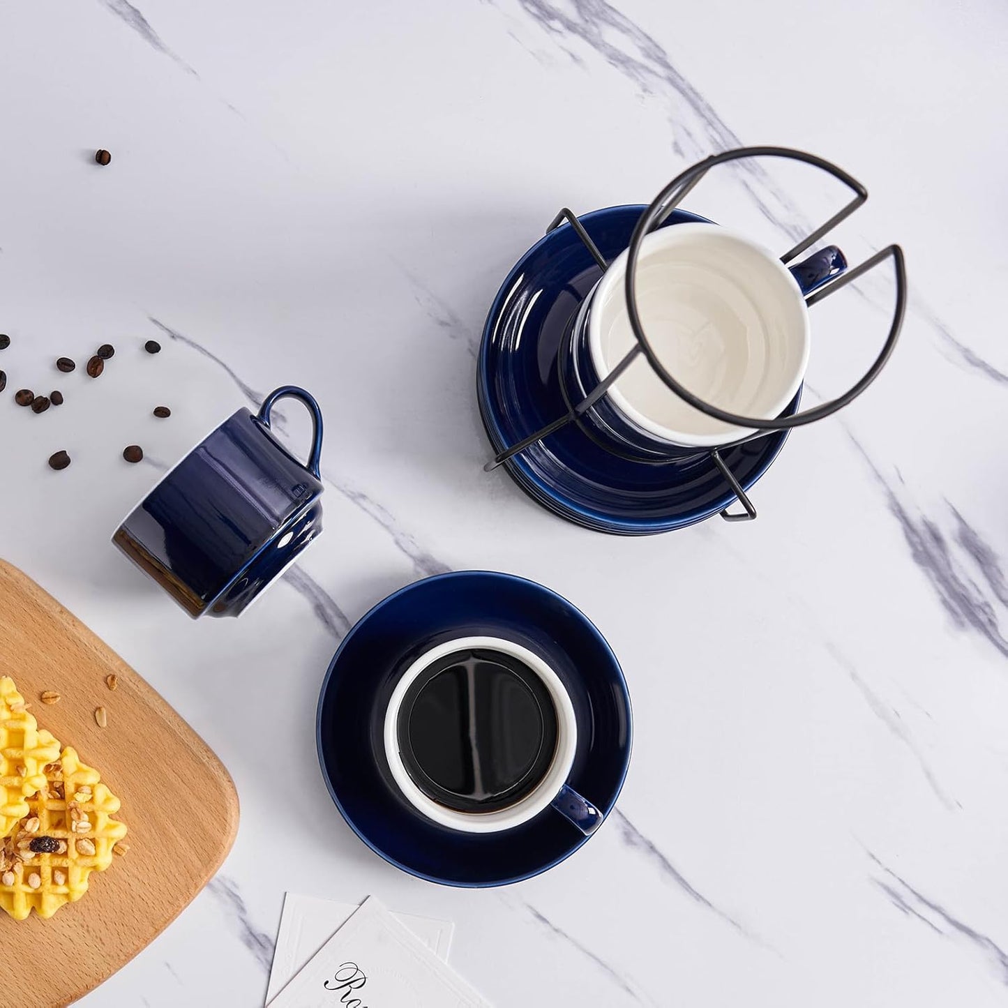 YOLIFE 8oz Porcelain Stackable Cappuccino Cups with Saucers and Metal Stand Set of 4, Coffee cups for Espresso, Specialty Coffee Drinks, Latte, Americano and Tea - Blue