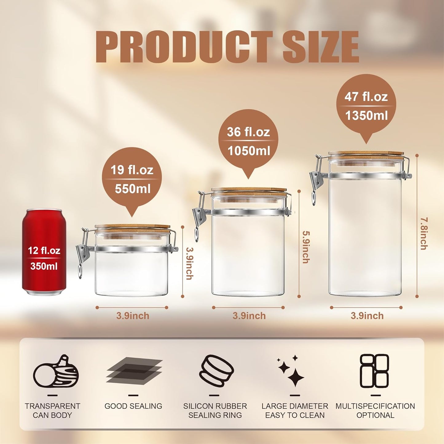 36 oz/1050ml Clear Glass Storage Canister with Airtight Bamboo Lid, Medium Decorative Container Jar for Coffee Spice Candy Salt Tea Cookie Condiment Pepper Sugar Overnight Oatmeal Snacks