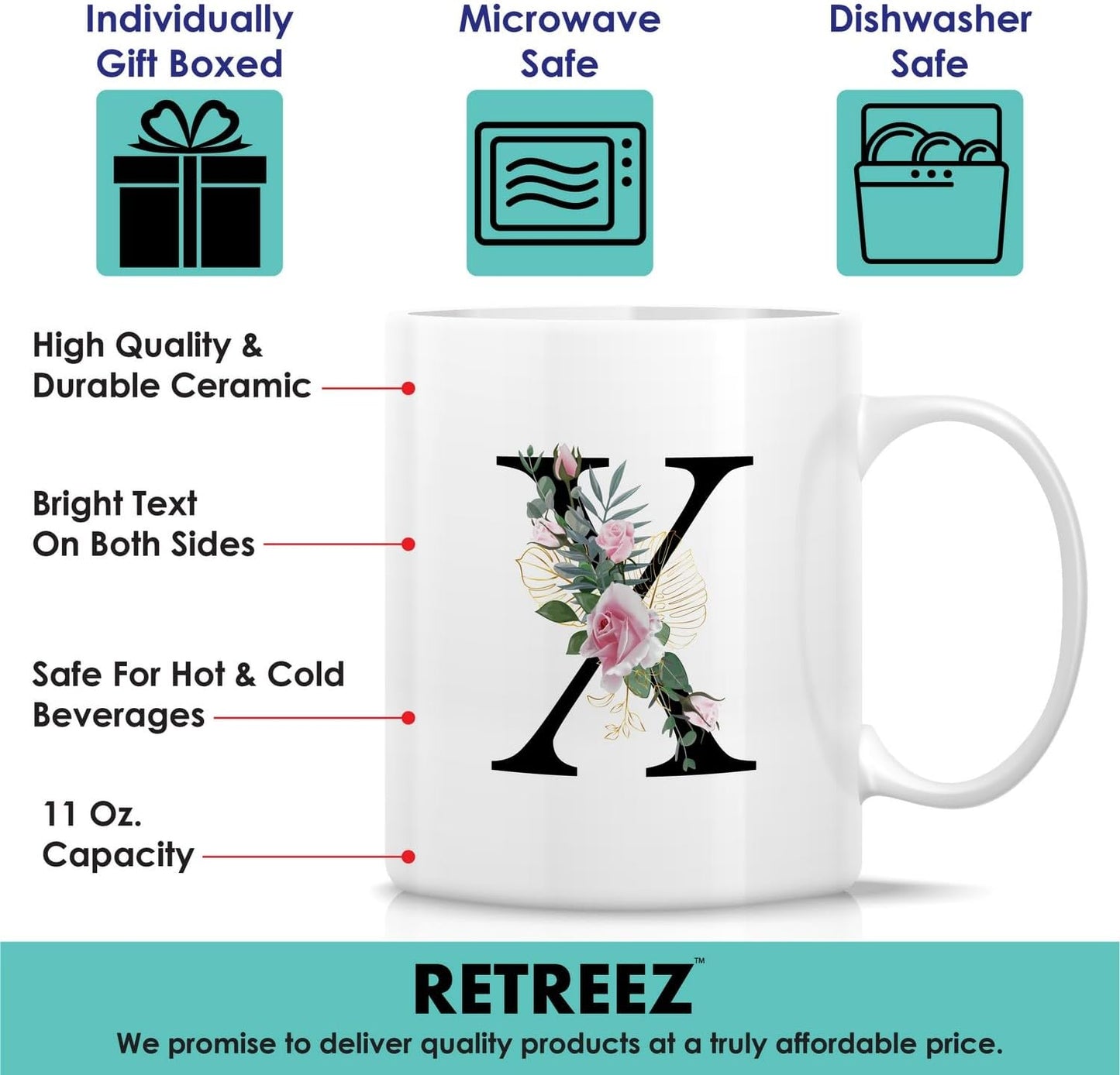 Retreez Initial A-Z Floral Botanical Bouquet Alphabet Monogrammed Monogram Mug 11 Oz Ceramic Tea Coffee Mugs - Appreciation Thank You Wedding Birthday Gifts for her friend coworker sister - X Initial