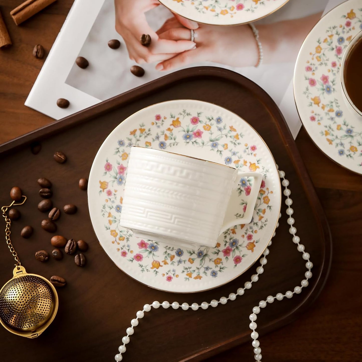 Tea Cups and Saucer Sets,8.8 oz Cappuccino Cups with Saucers and Spoons,3 Pieces, Vintage Style,Embossed Bone China Coffee Cup & Saucer Set For Women Wedding/Birthday/Christmas Gift