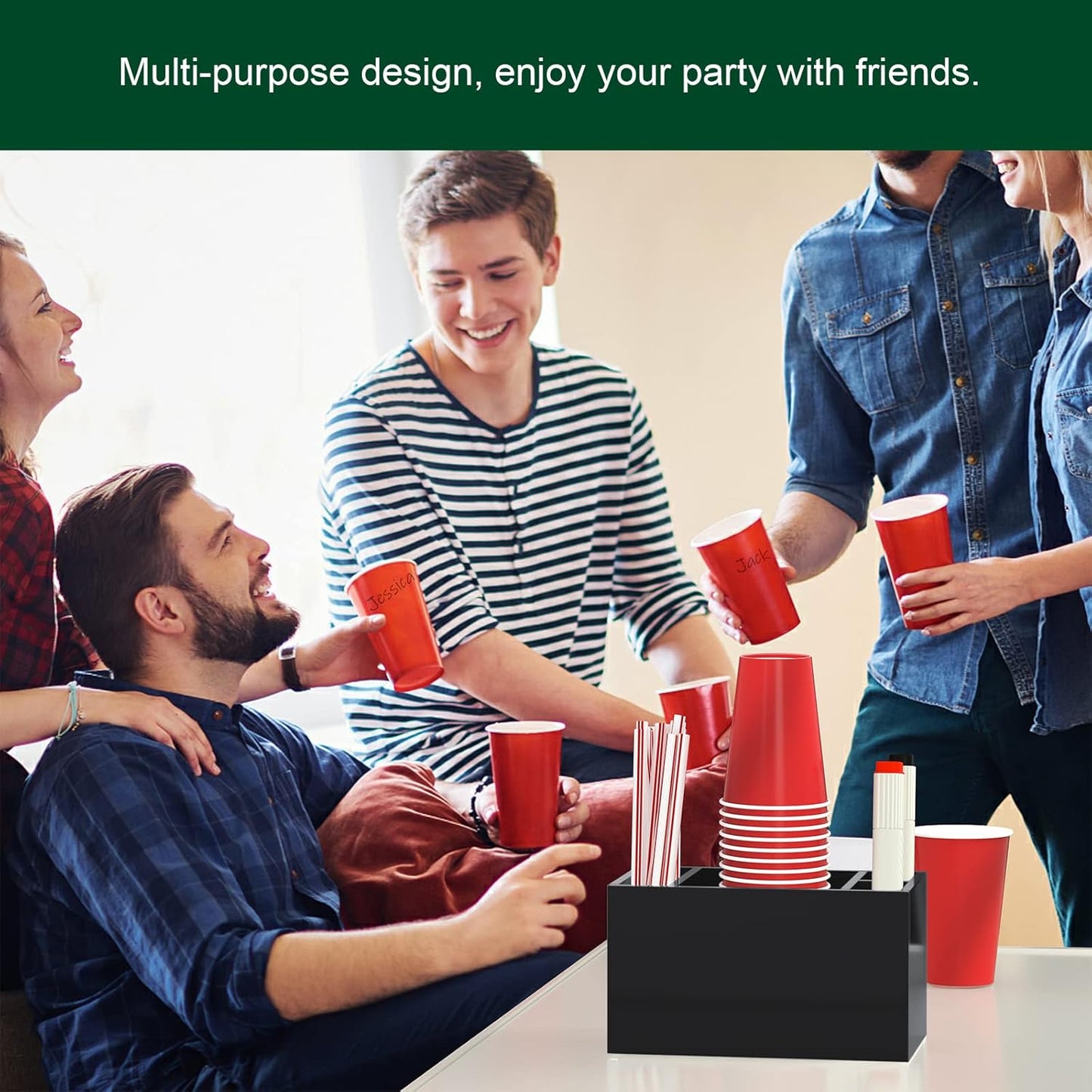 Cup Holder With Marker Slot, Party Dispenser Acrylic Organizer, Mark Your Drink Caddy, Modern Bar Counter Decor, Black