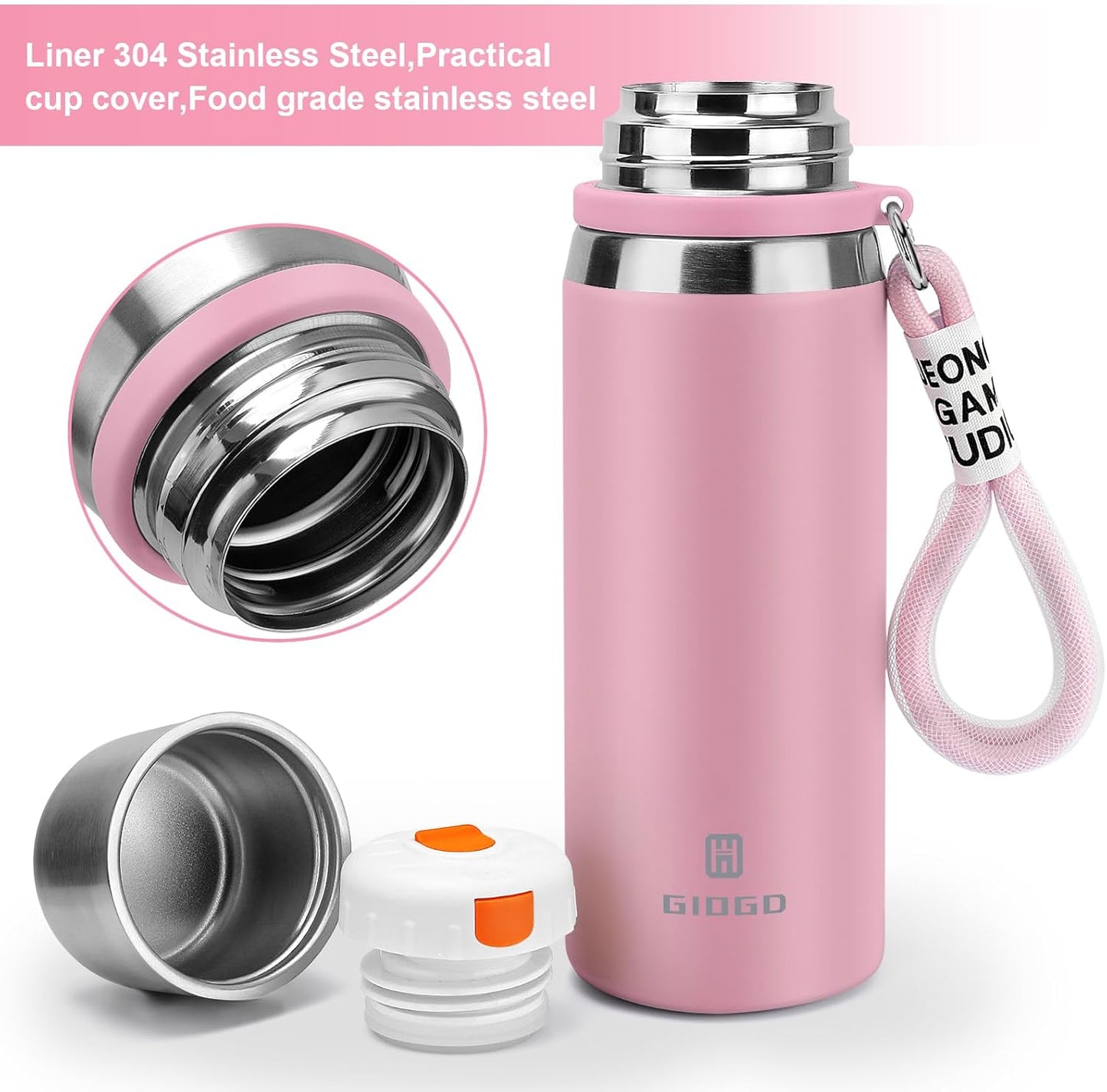 Stainless Steel thermo Bottles with cup 700ml/23.7oz Vacuum Insulated Bottle for hot and cold coffee drink water thermo flask with cup.(Pink,700ml)