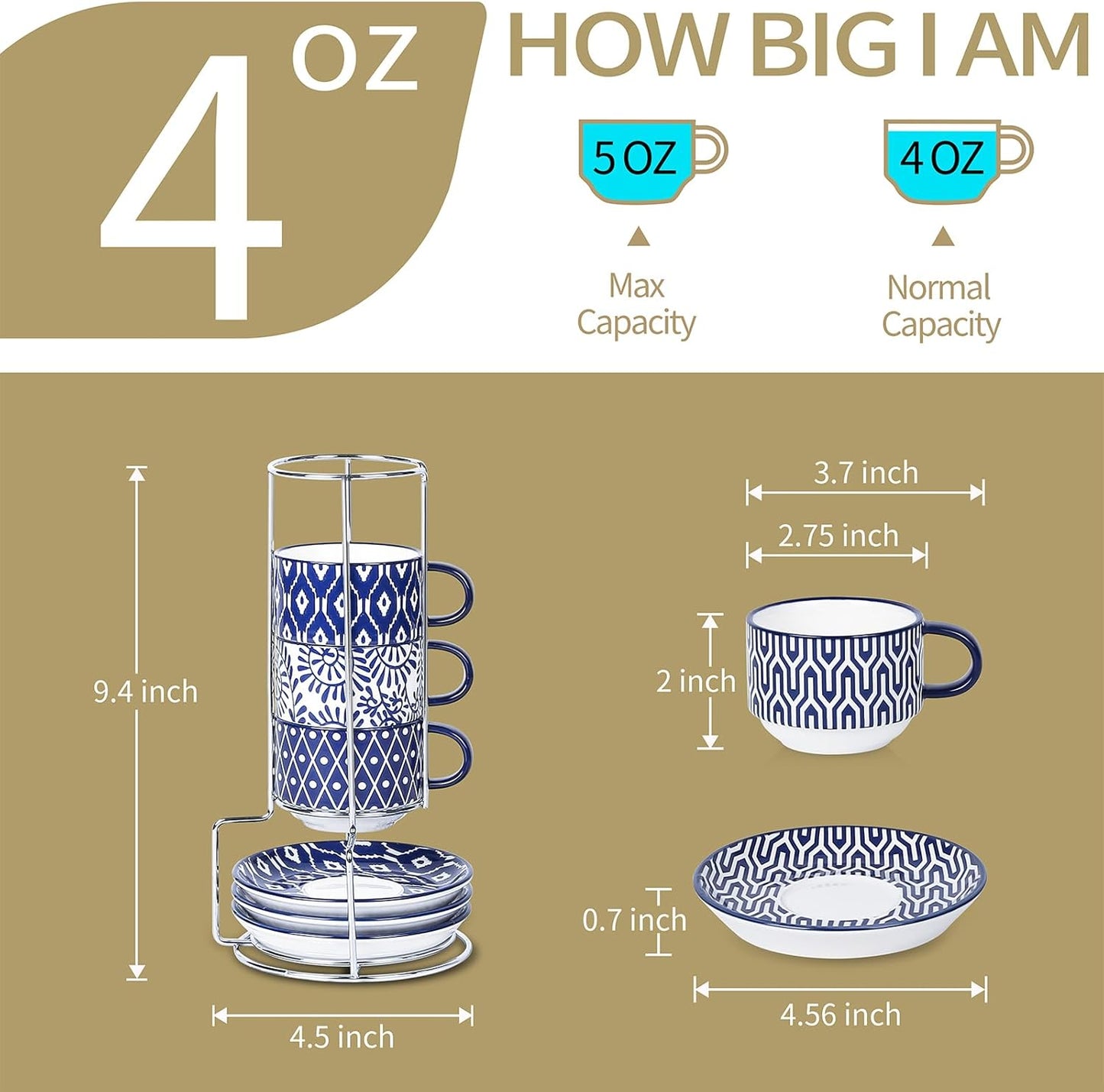 Selamica Ceramic Espresso Cups with Saucers and Metal Stand, 4 OZ Stackable Cappuccino Cups, Demitasse Cups for Latte Coffee Café Mocha Tea, Set of 4, Vintage Blue