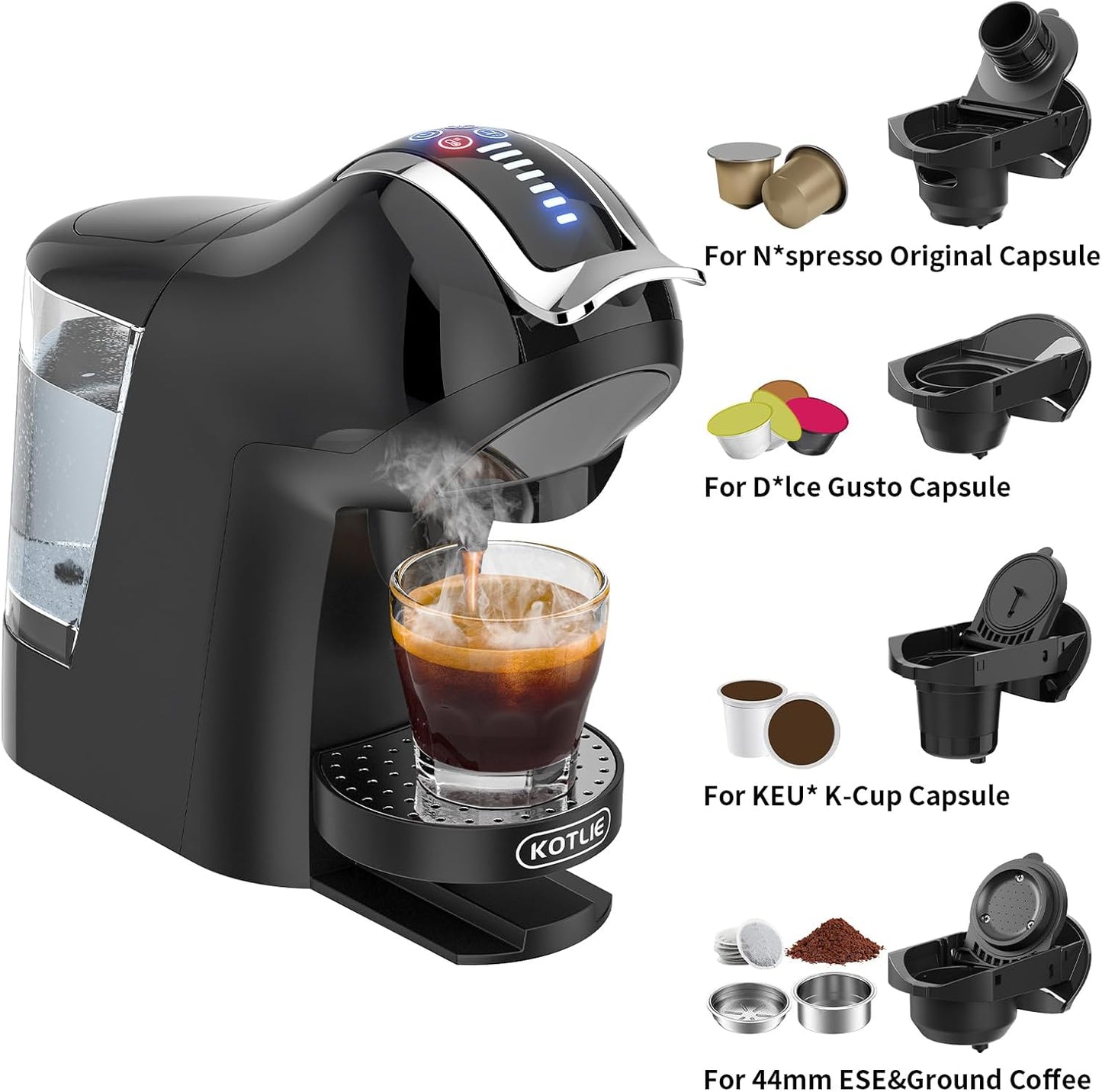 KOTLIE Espresso 5in1 Single Serve Coffee Maker, 19Bar Cappuccino&Latte Maker, Cold&Hot Brewing Coffee Machine for K*cup/NES*presso Original/D*olce G*usto/Ground Coffee/44mm ESE(Black)