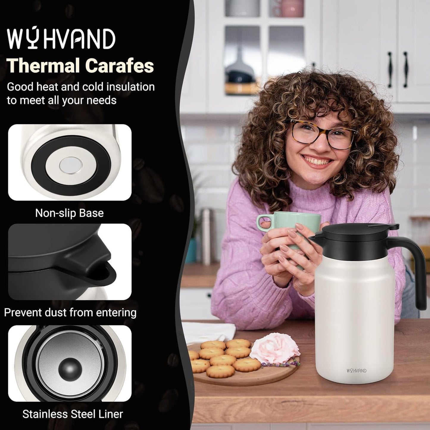 51Oz Thermal Coffee Carafes For Keeping Hot/Cold, Stainless Steel Coffee Carafe, Dustproof Insulated Water Carafe for Party/Home, Cream